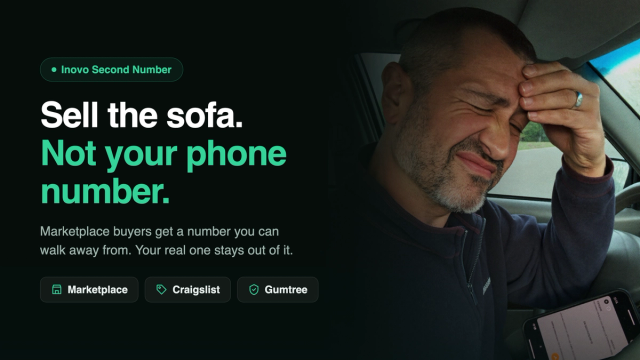 Marketplace seller with a phone in hand next to the headline Sell the sofa, not your phone number