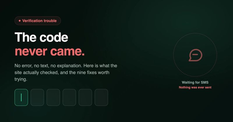 Six empty verification code boxes with a blinking cursor next to the headline The code never came