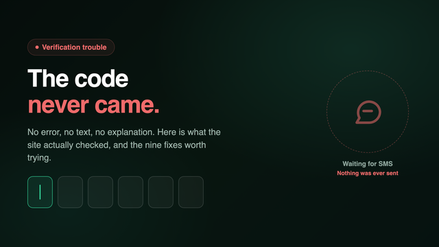 Six empty verification code boxes with a blinking cursor next to the headline The code never came