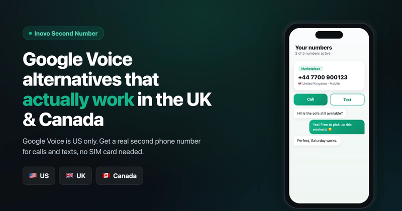 Phone showing a second number app next to the headline Google Voice alternatives that actually work in the UK and Canada