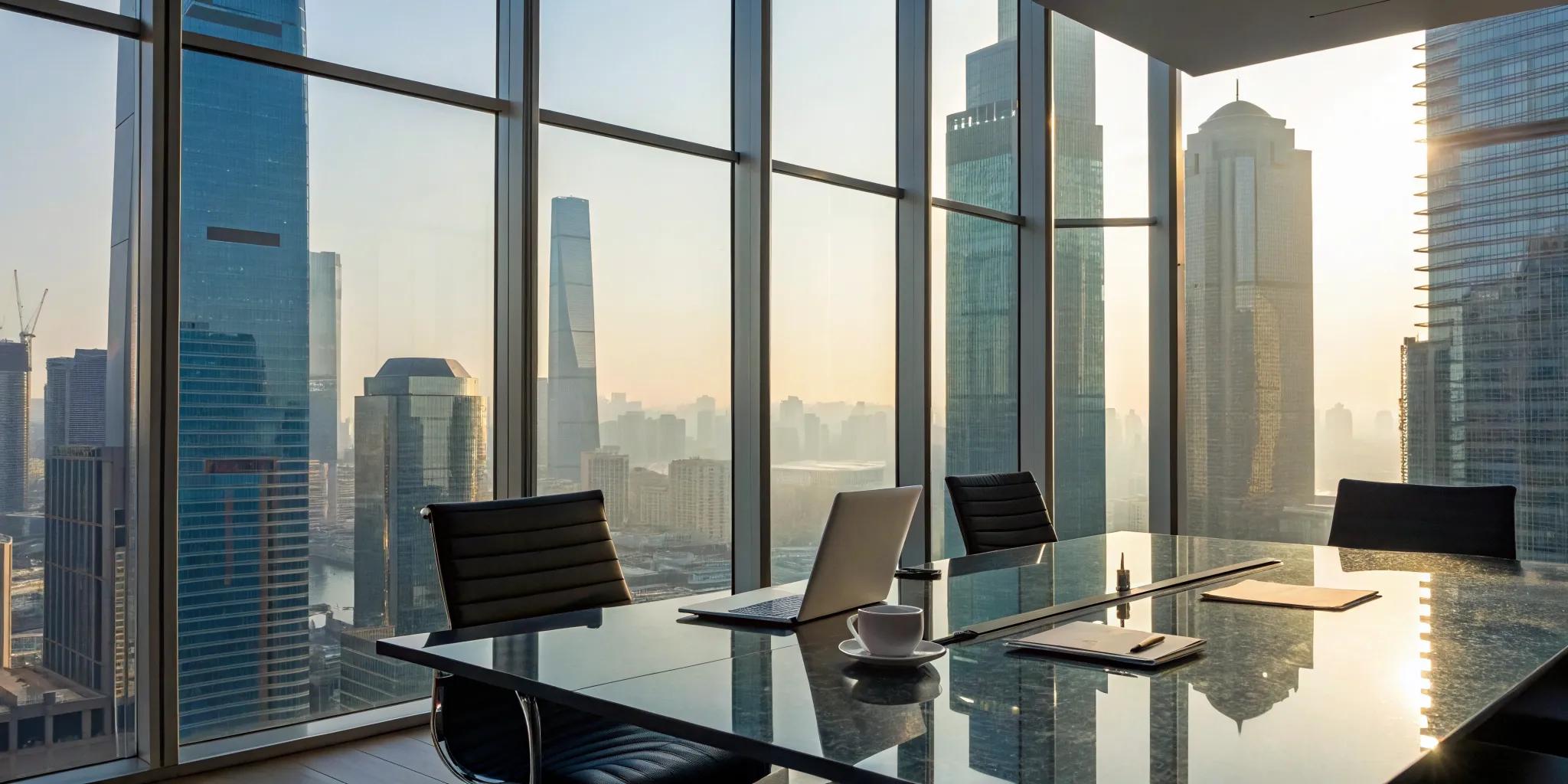 A modern investment company office overlooking a city skyline.