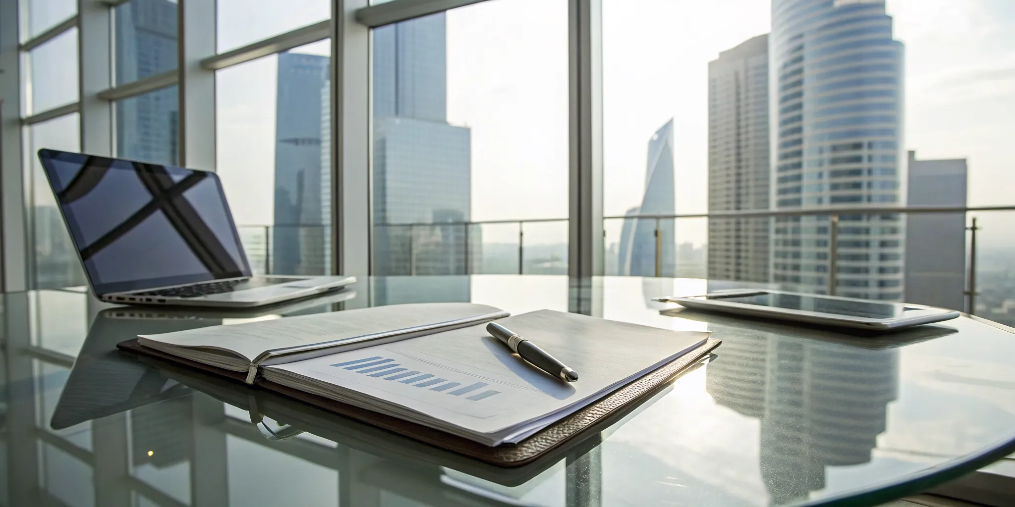 Laptop and financial reports for selling shares in a private company.