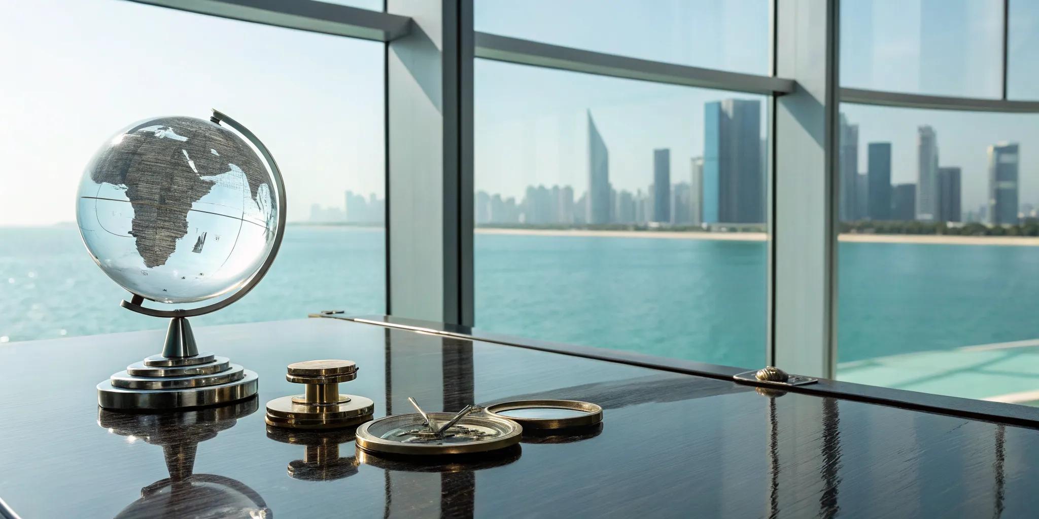 A desk with a globe and compass for choosing the best offshore savings account.