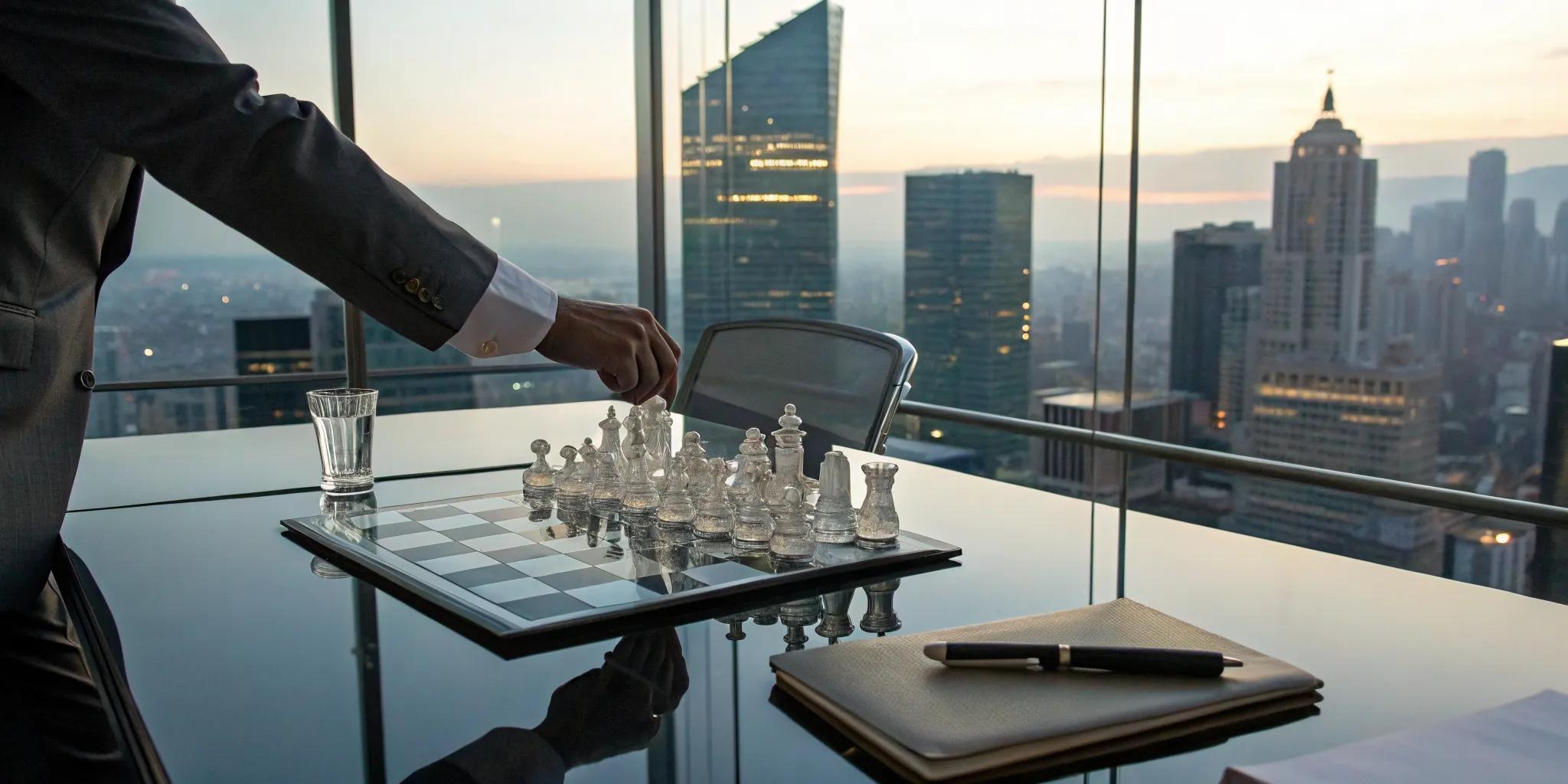 A strategic private equity investor plays chess in a high-rise office overlooking the city.