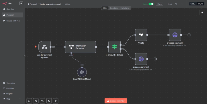 sample n8n workflow with Velatir
