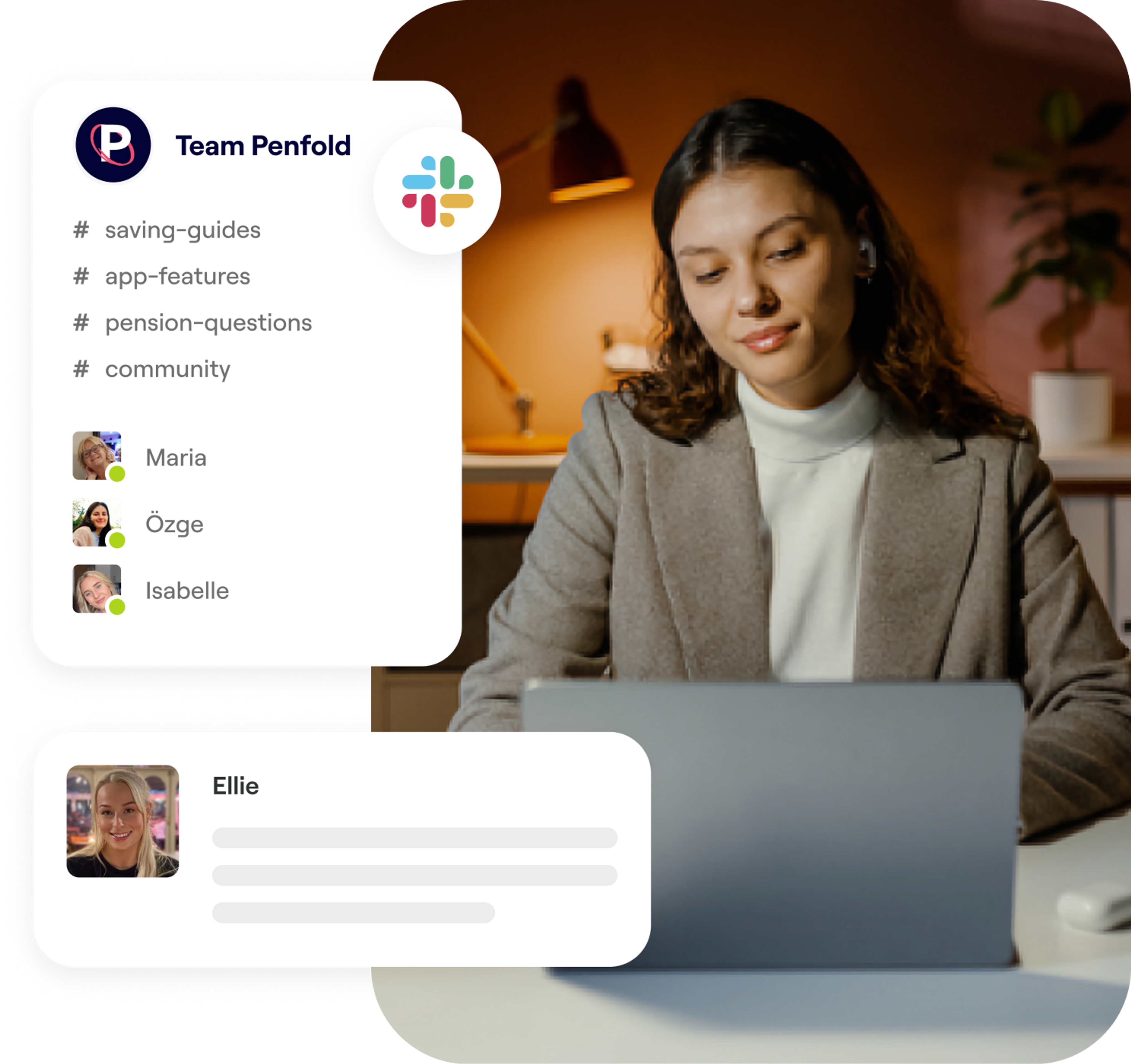A photo of a woman using a laptop and excerpts of the Penfold pension app