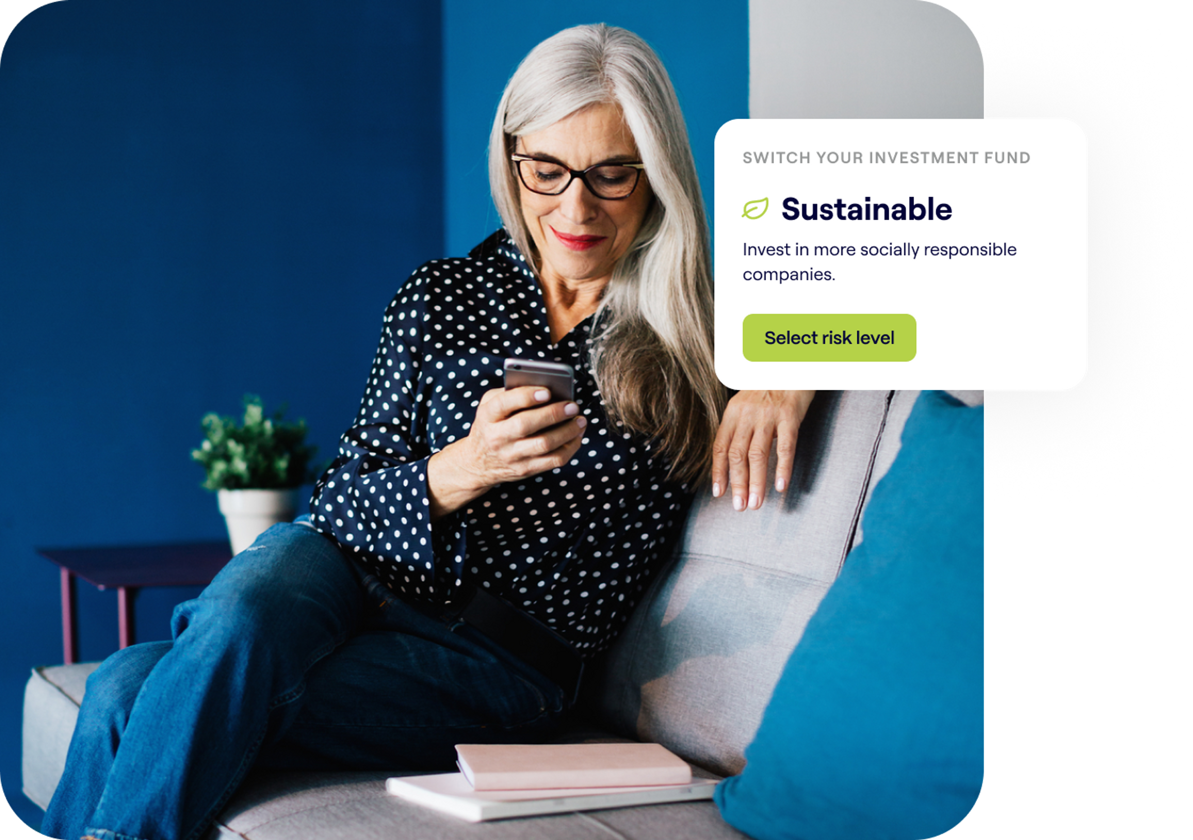 A photo of a woman smiling while looking at a phone and an excerpt of the Penfold pension app showing sustainable pension investment fund