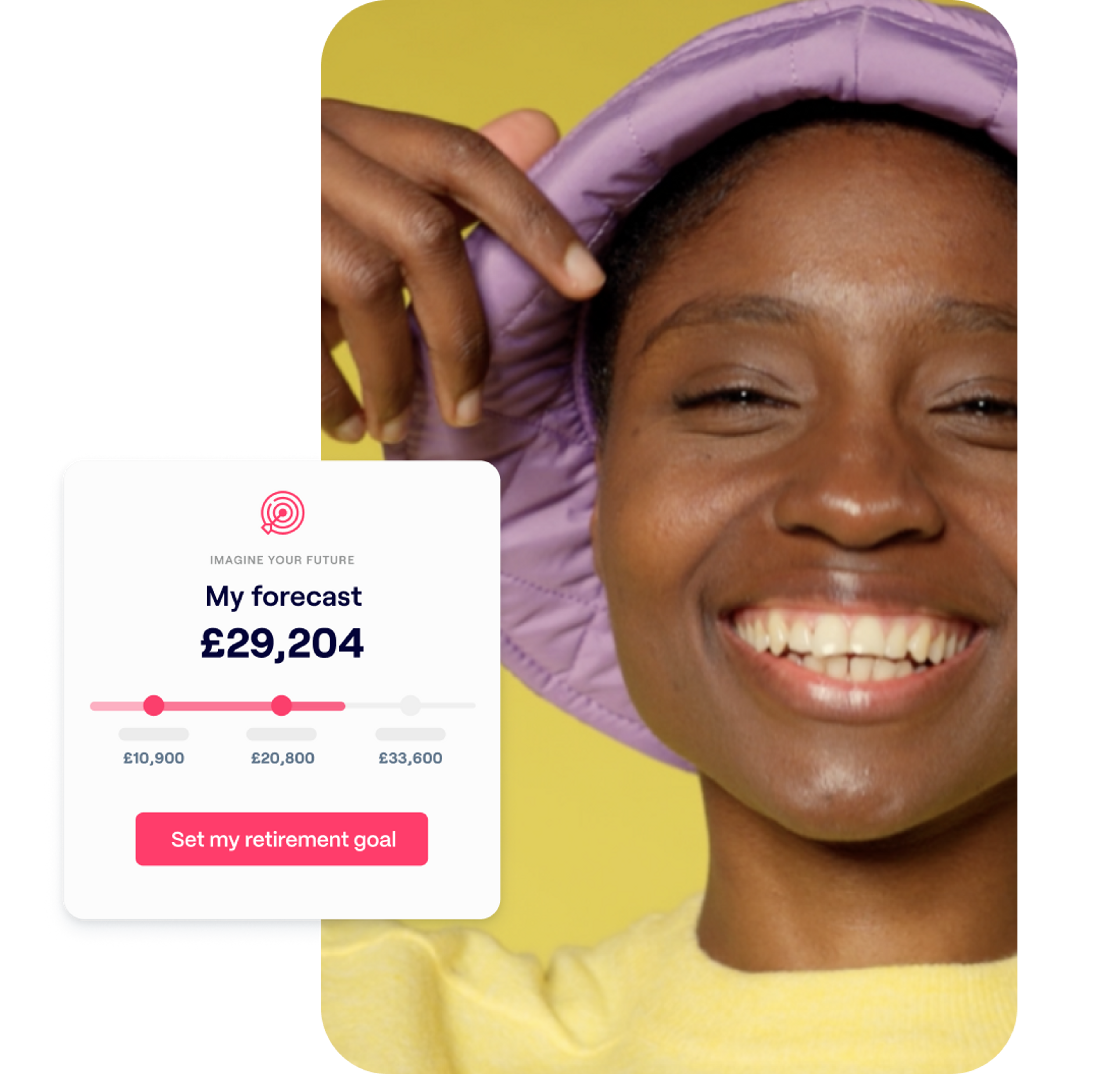 A photo of a woman smiling and an excerpt of the Penfold pension app showing forecasted retirement savings