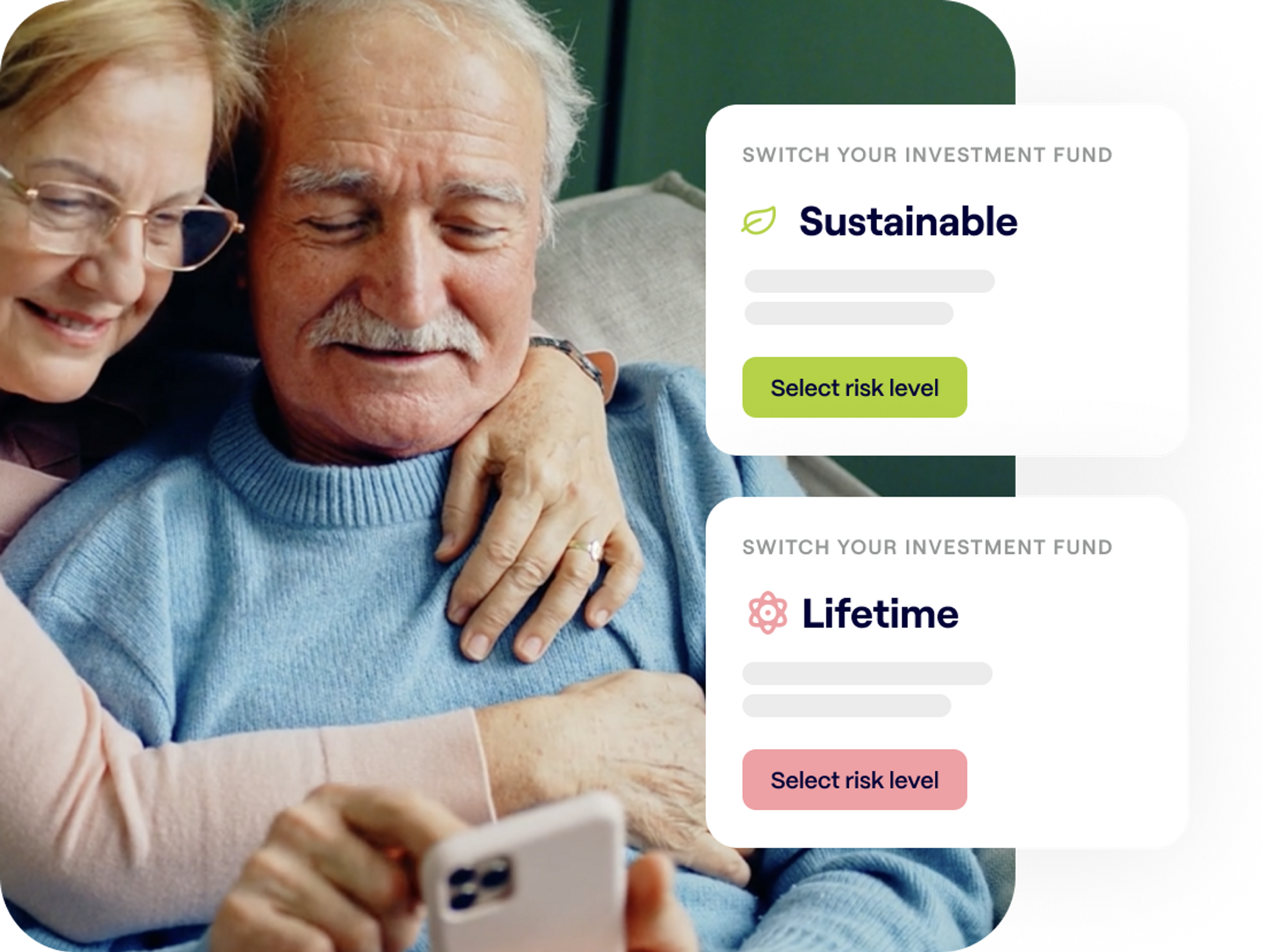A photo of a happy older couple looking at a phone and excerpts of the Penfold pension app showing Sustainable and Lifetime investment fund screens
