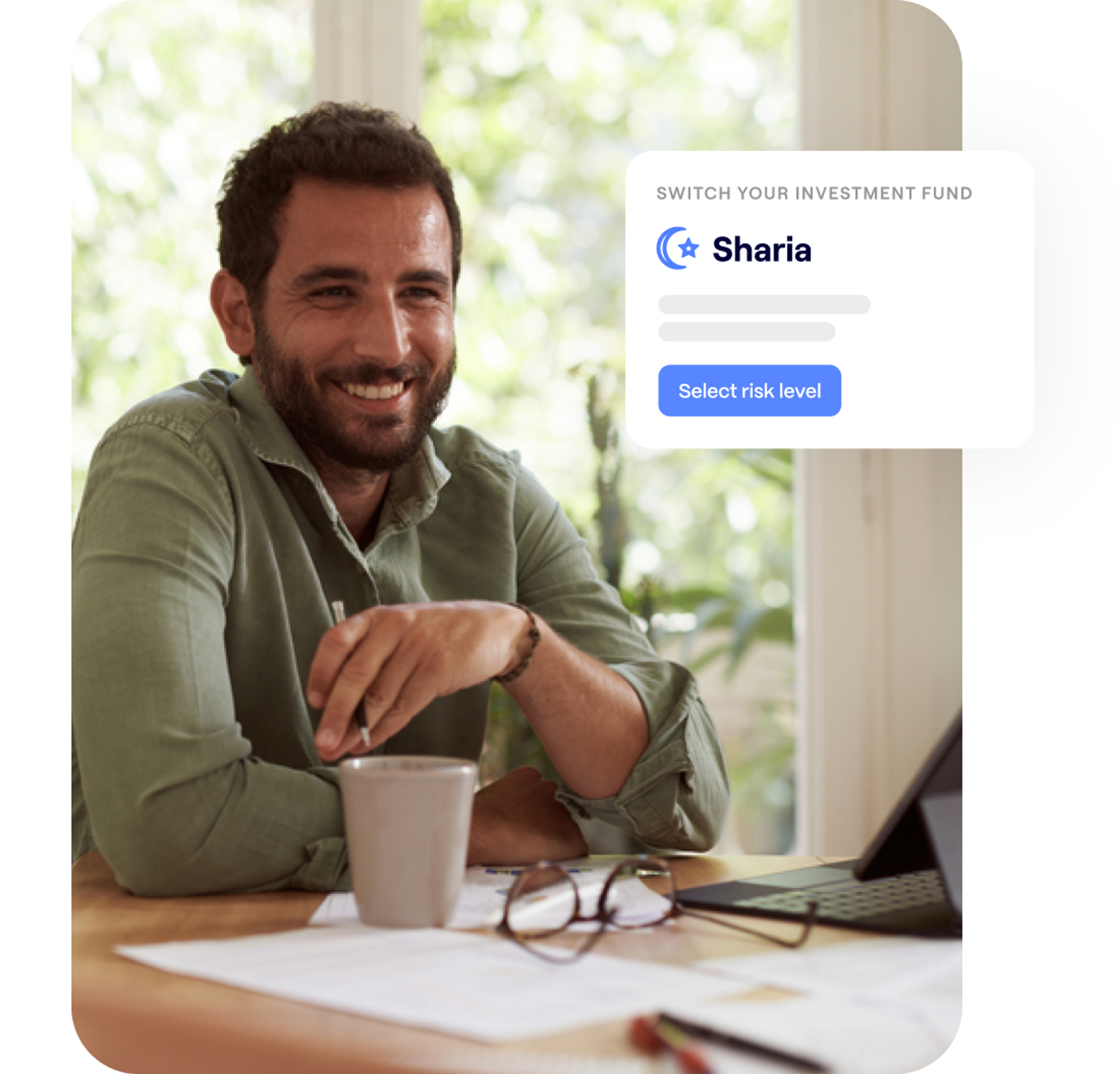 A photo of a smiling man sat down at a desk and an excerpt of the Penfold pension app showing the Sharia investment fund screen