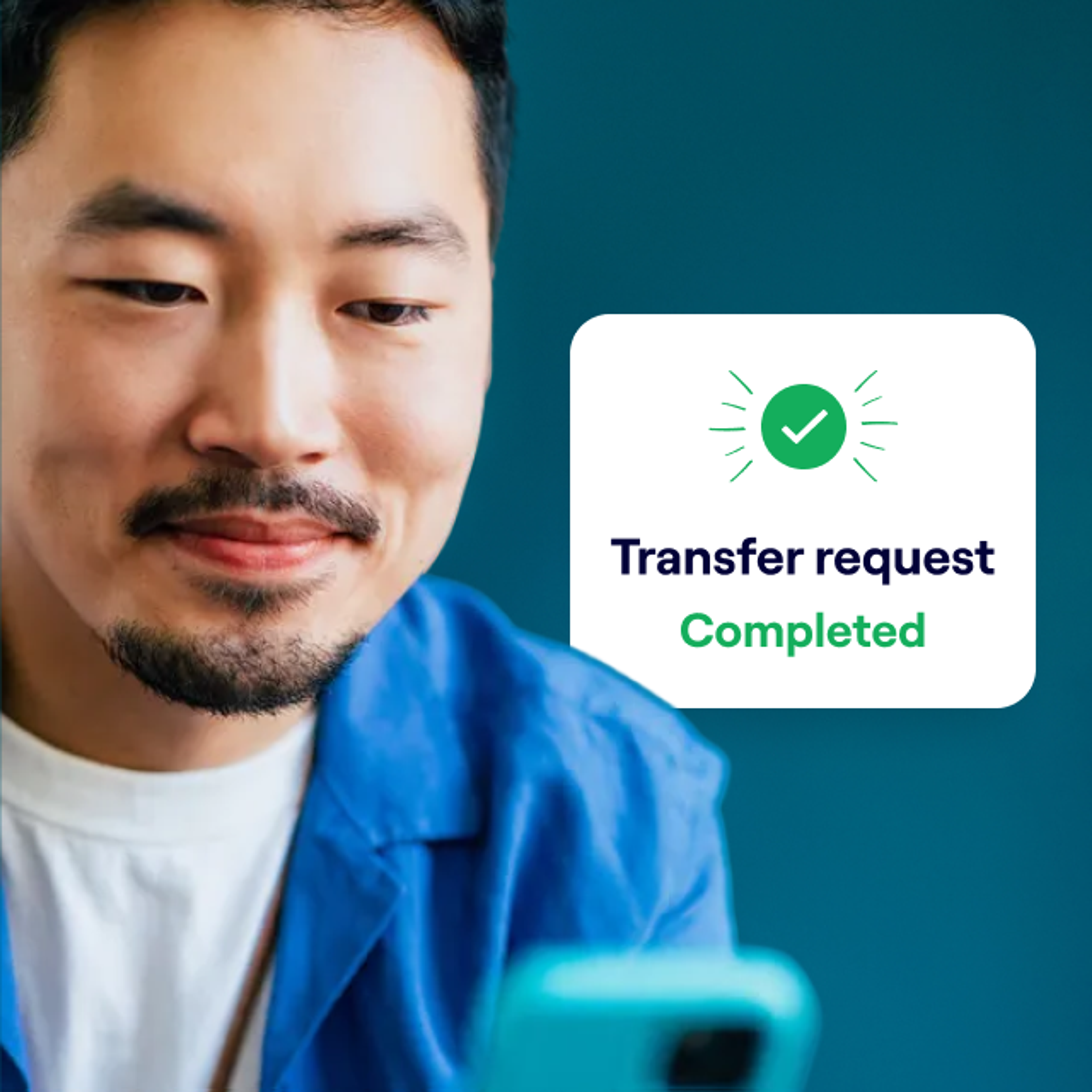 A man in a blue shirt looks at his phone with a slight smile, while an overlay confirms a completed pension transfer request with a green checkmark.