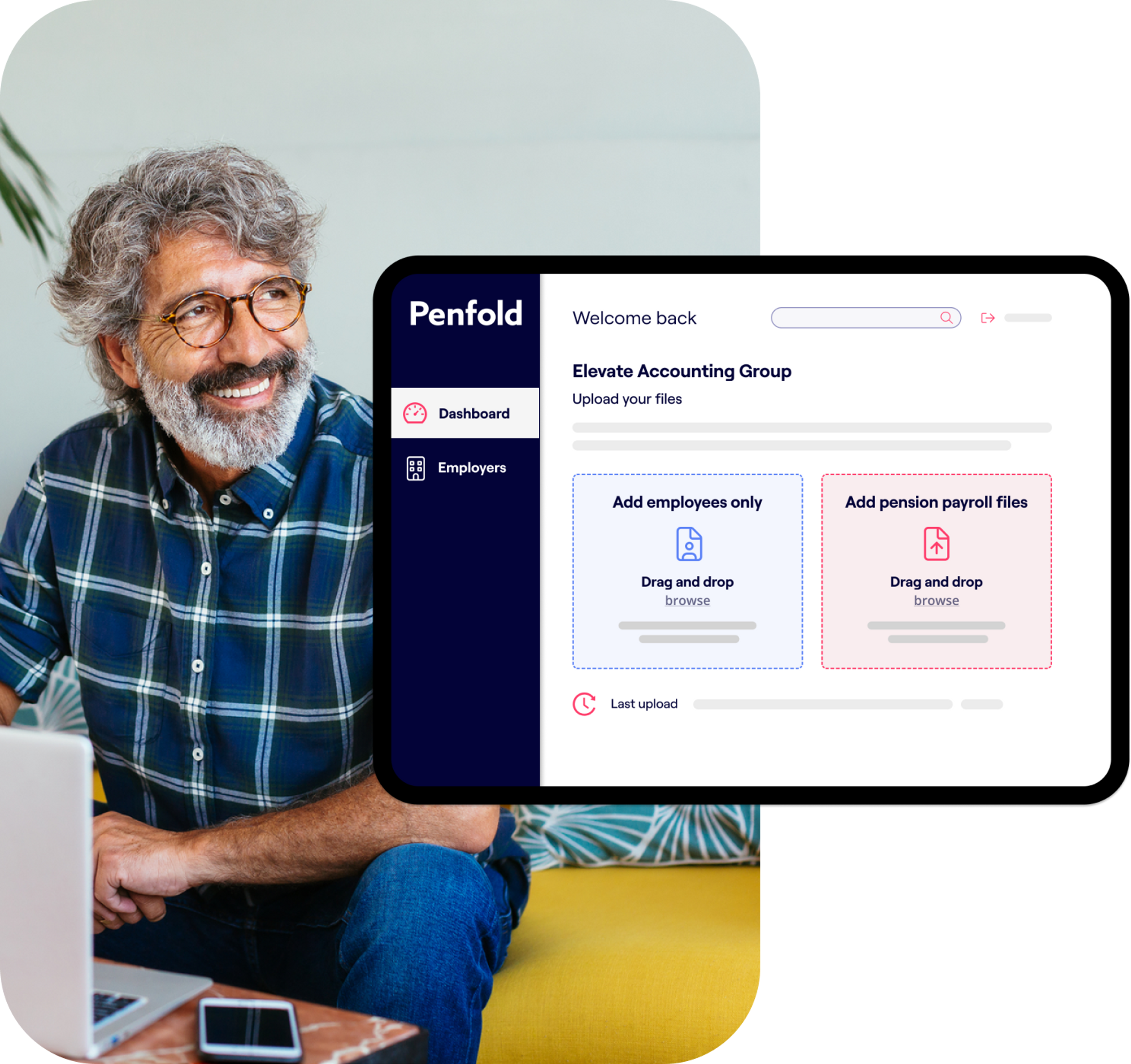 A photo of a man using a laptop and excerpts of the Penfold pension platform