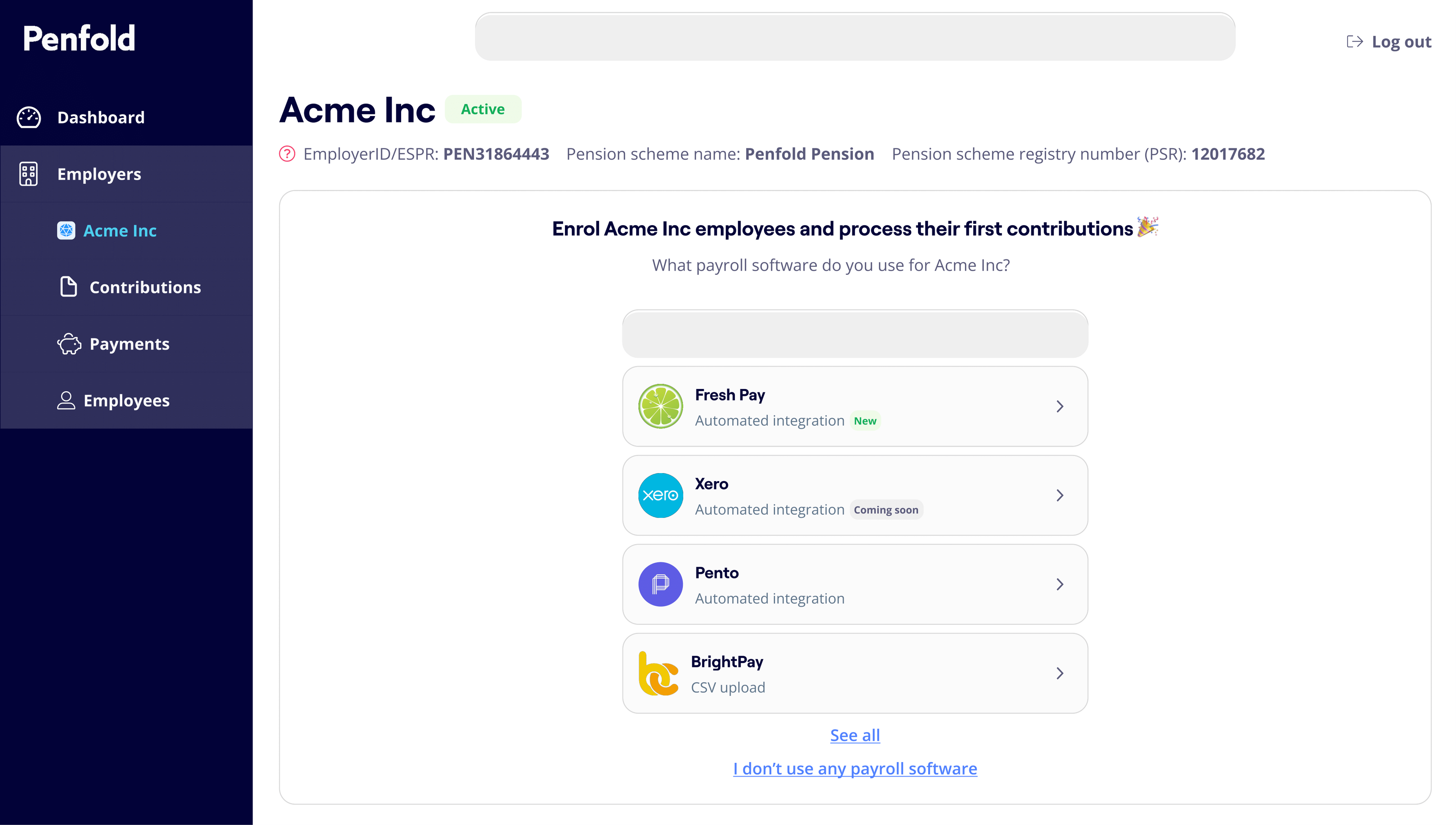 Penfold platform view, listing FreshPay as a new integration