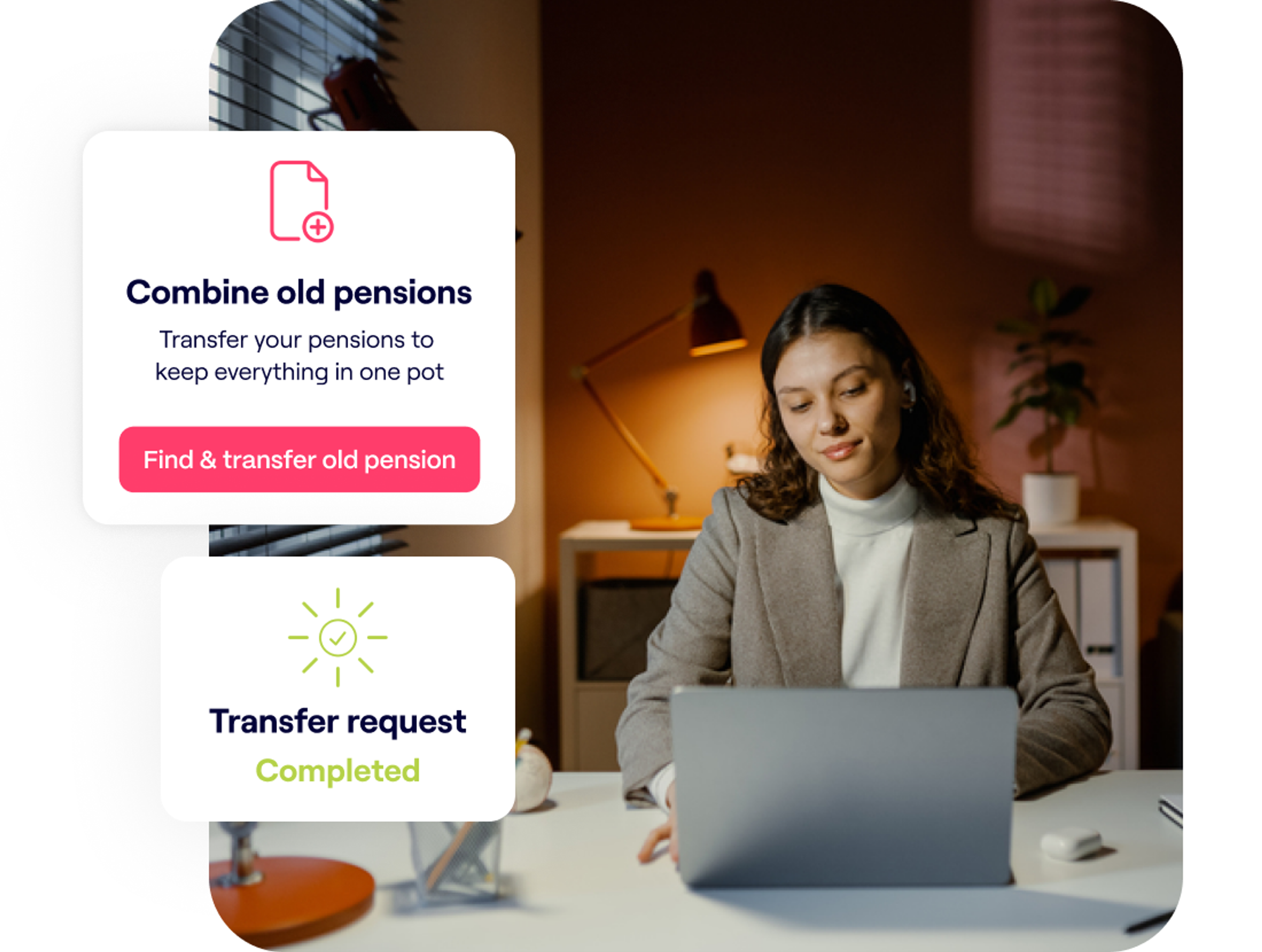 A photo of a woman smiling while sat in front of a laptop and excerpts of the Penfold pension app showing combine and transfer pensions screens