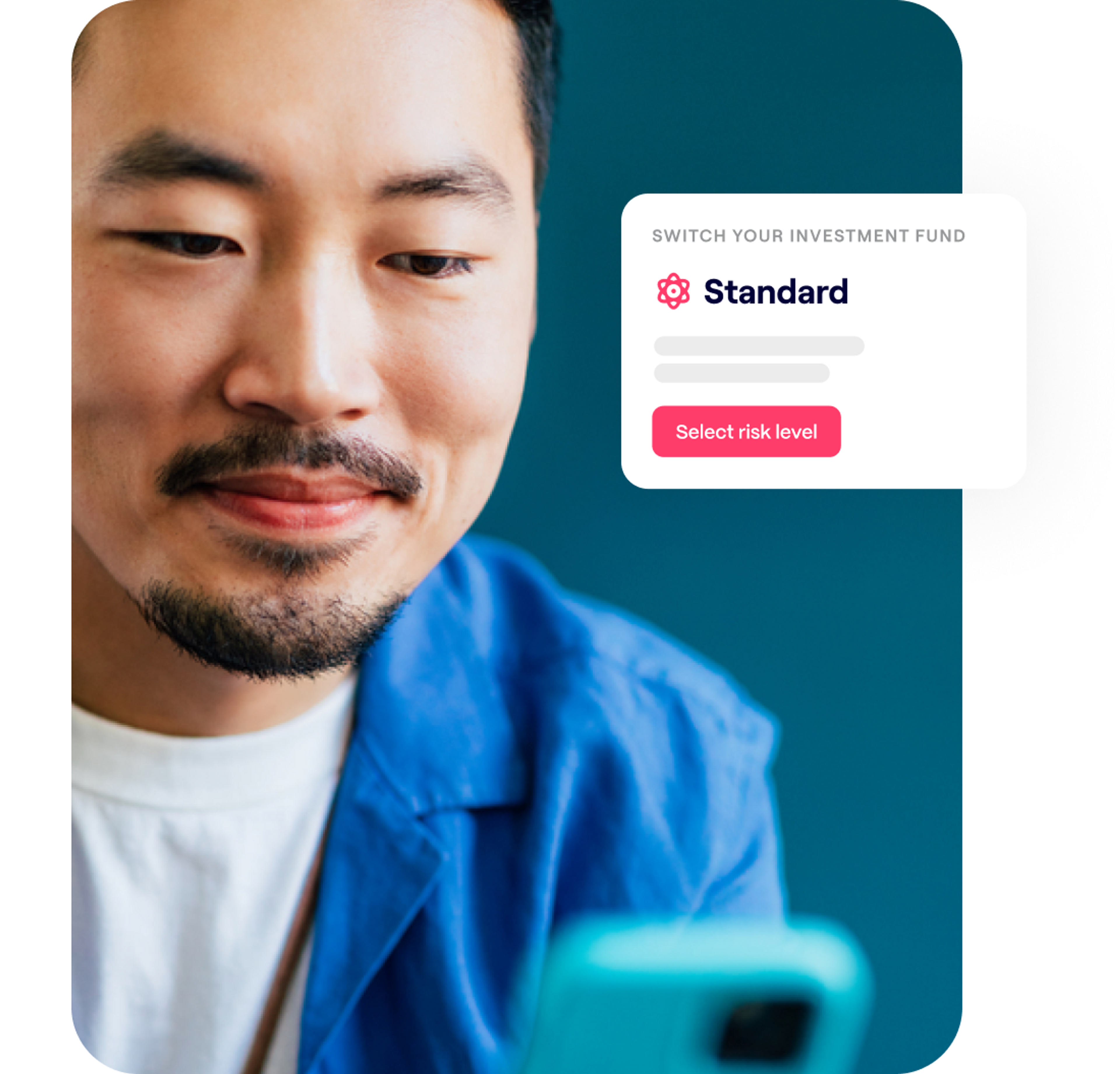 A photo of a man smiling while looking at a phone and an excerpt of the Penfold pension app showing the Standard investment fund screen