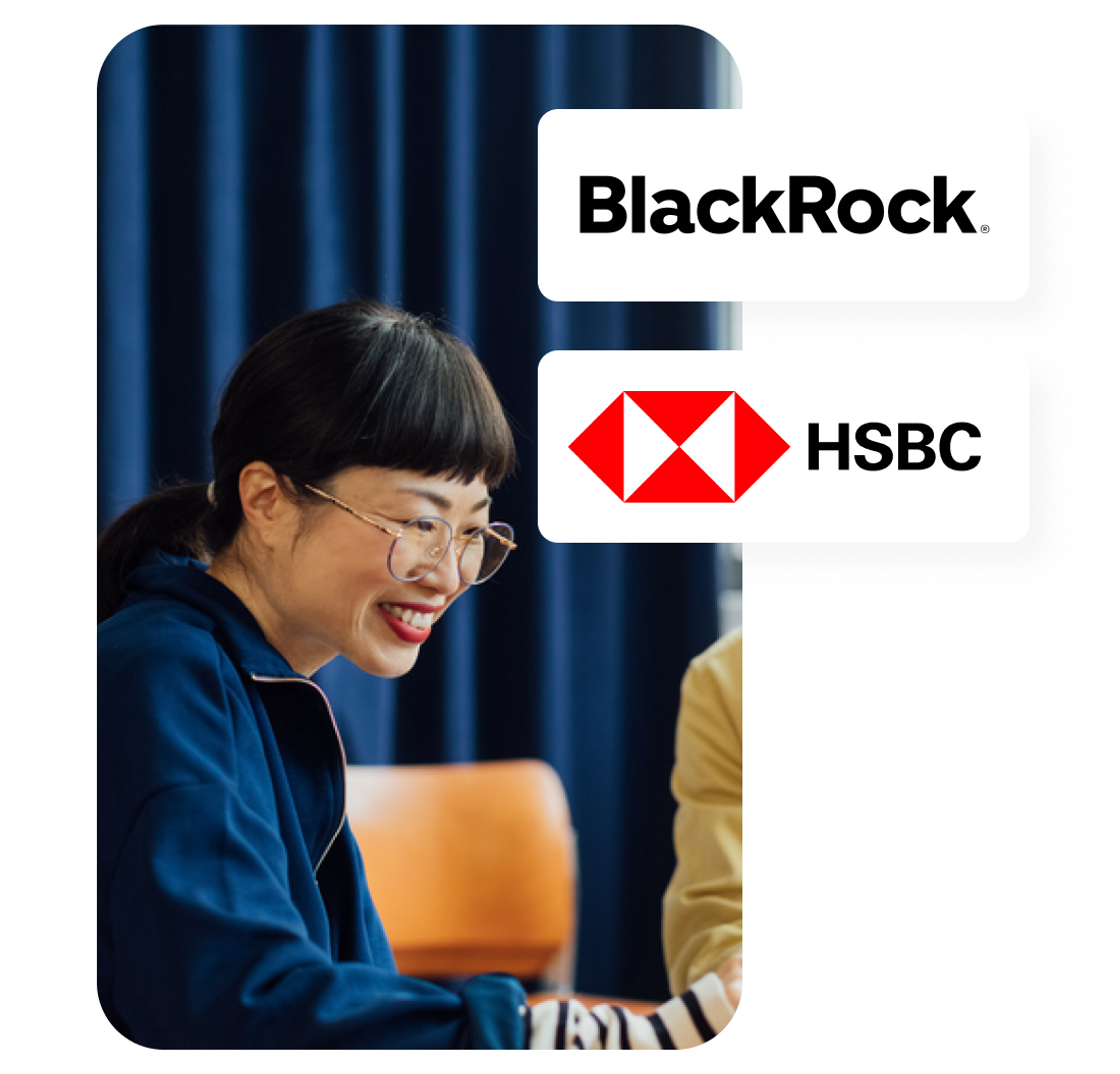 A photo of a woman smiling and the BlackRock and HSBC logos