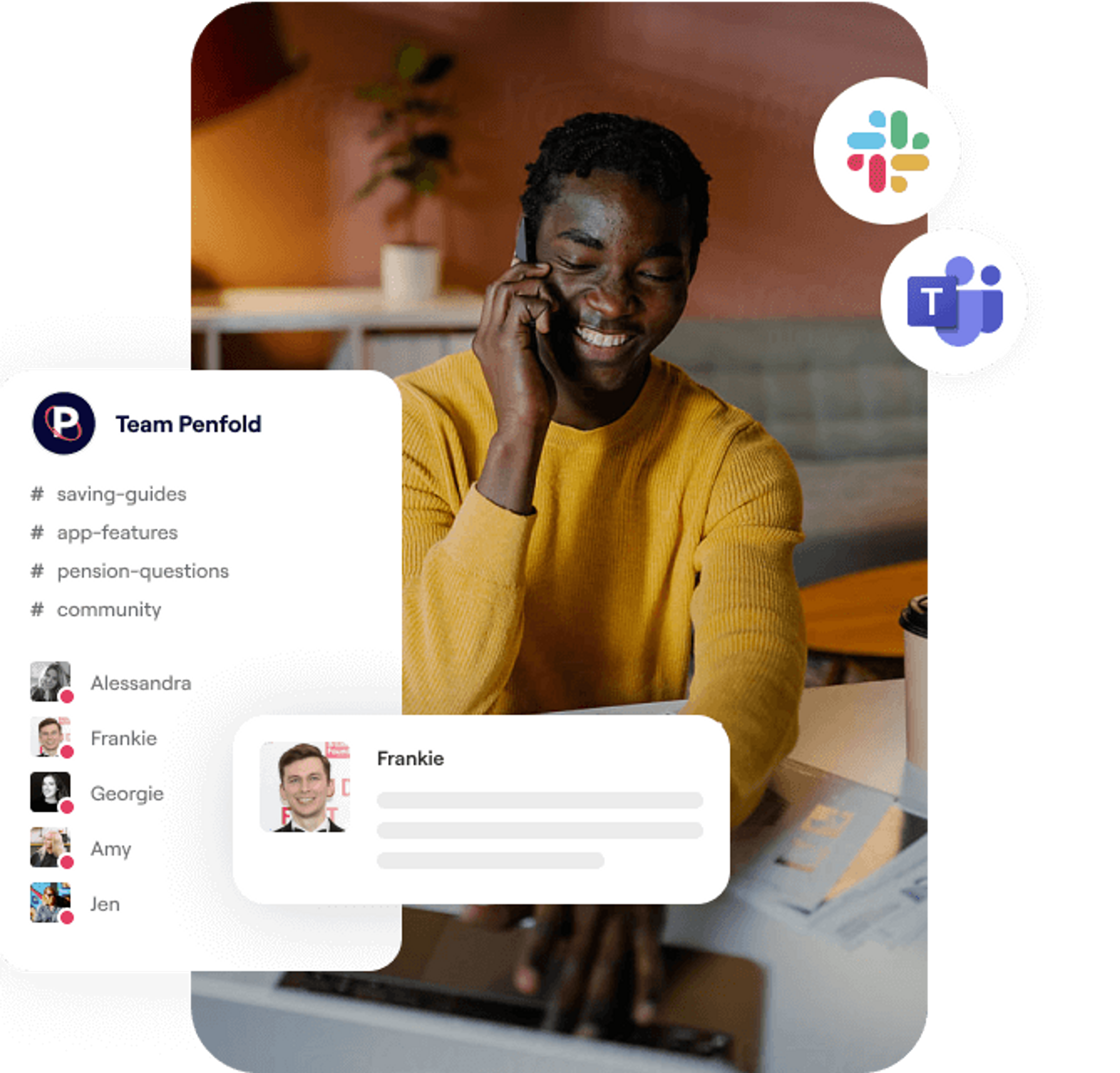 A photo of a man talking on the phone and an excerpt Penfold's integration with internal work messaging