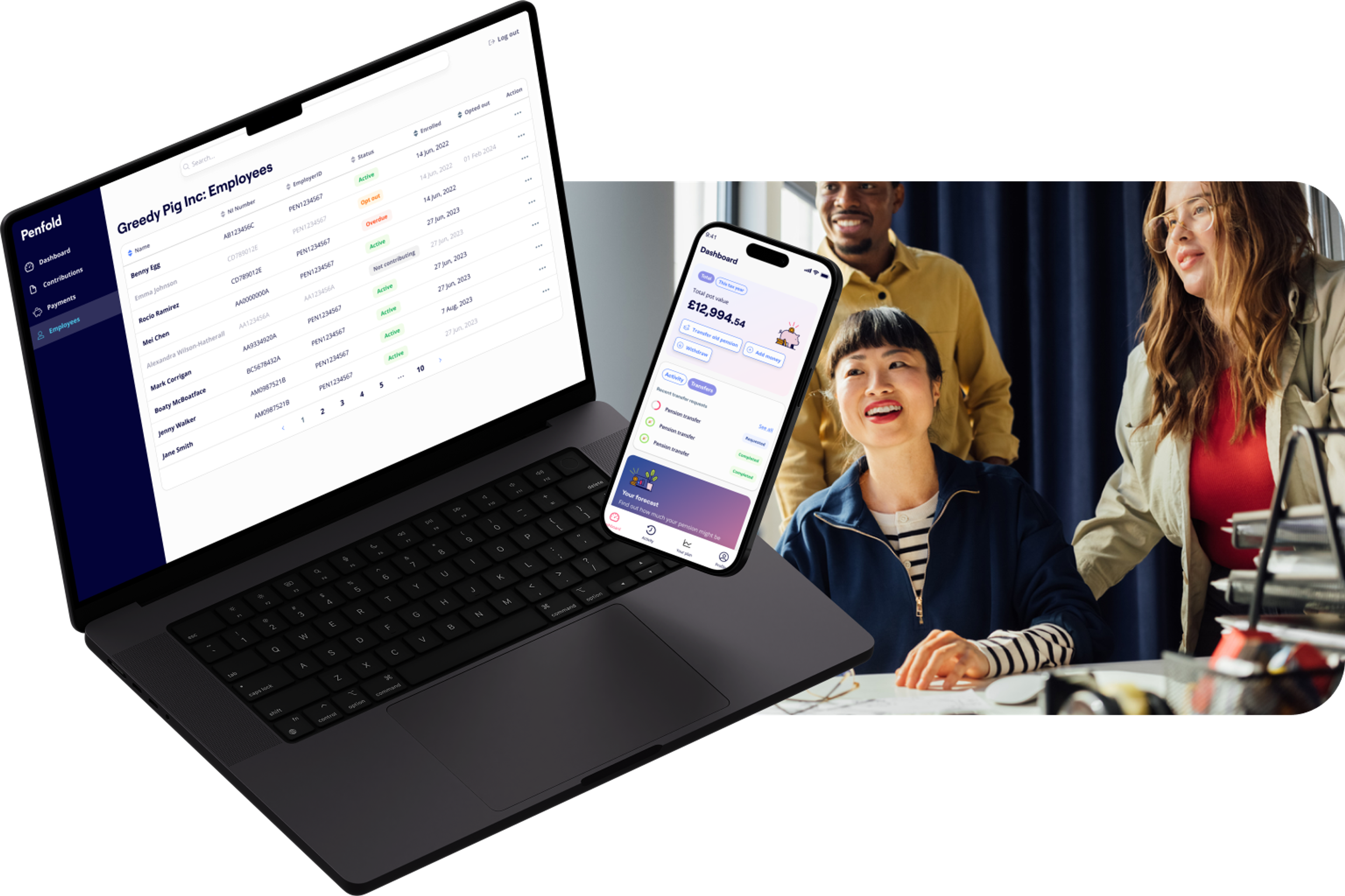 A laptop screen displays the Penfold app’s employee management page for “Greedy Pig Inc.,” listing employees with details like status and enrollment dates. A smartphone nearby shows the Penfold app’s dashboard with a pension pot total of £12,994.54. To the right, three colleagues—two women and a man—smile and collaborate around a table in a casual office setting. The scene highlights teamwork and digital pension management tools.