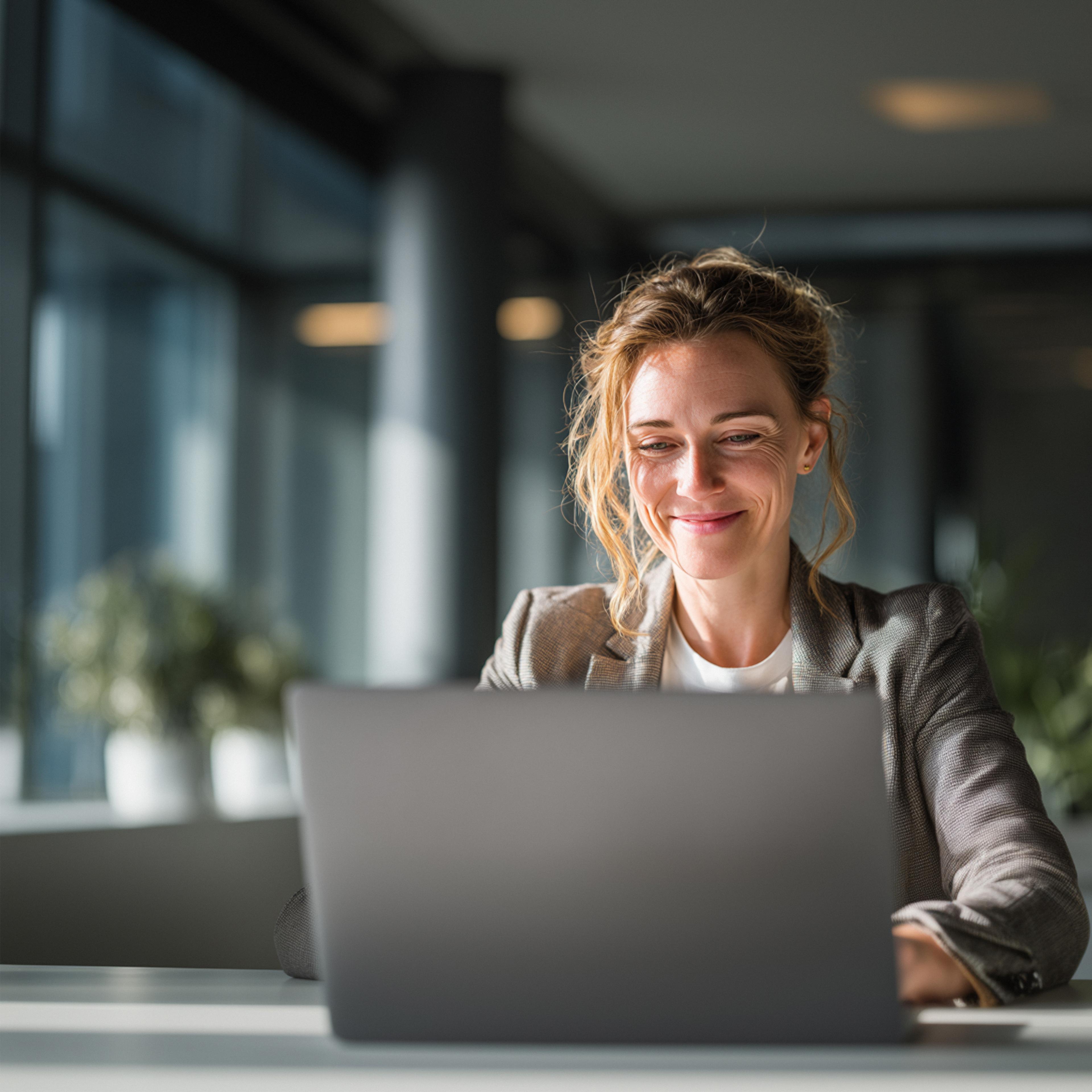 Blonde woman sitting at a desk in an office looking at laptop screen