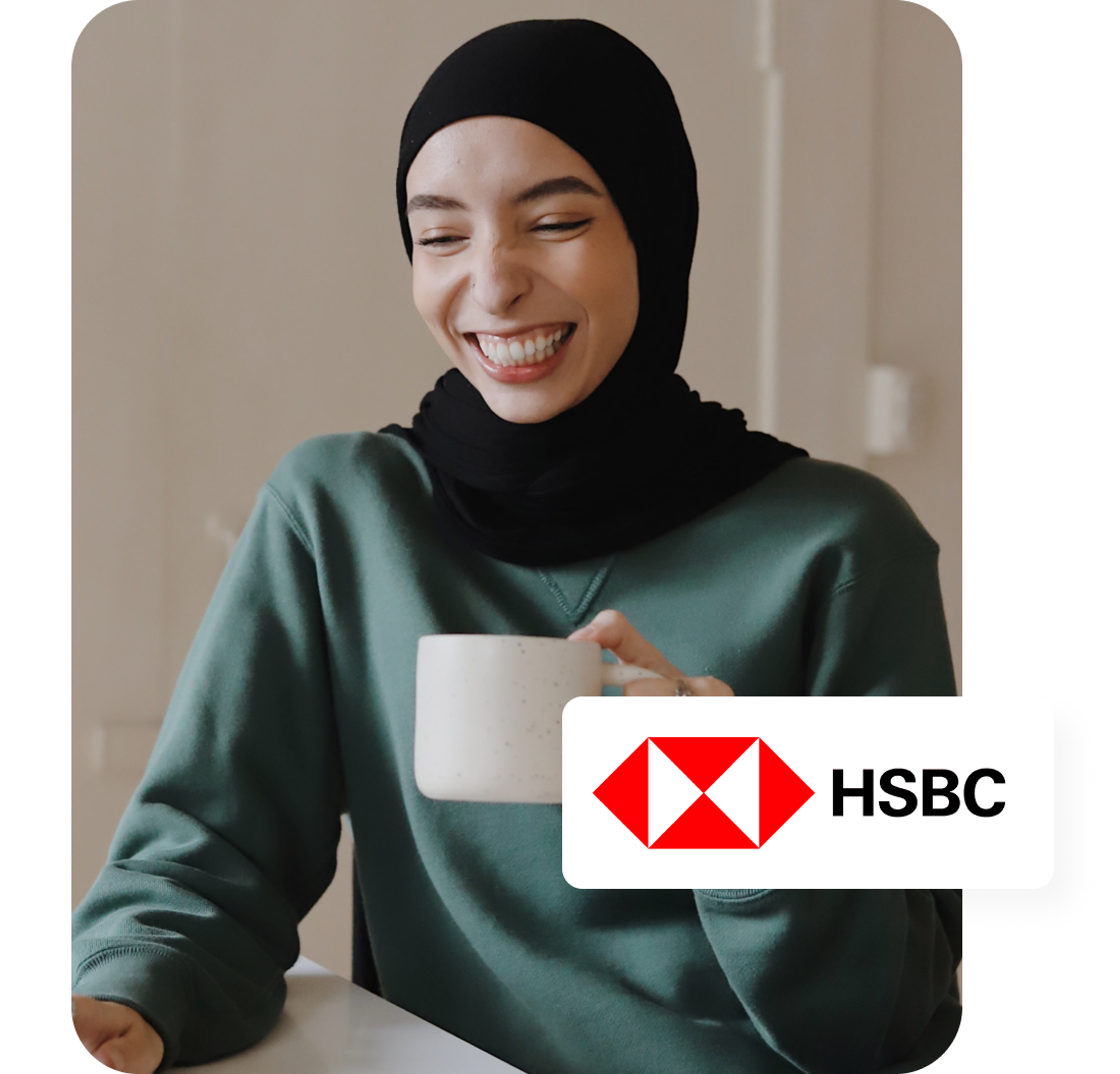 A photo of a smiling woman holding a mug and the HSBC logo