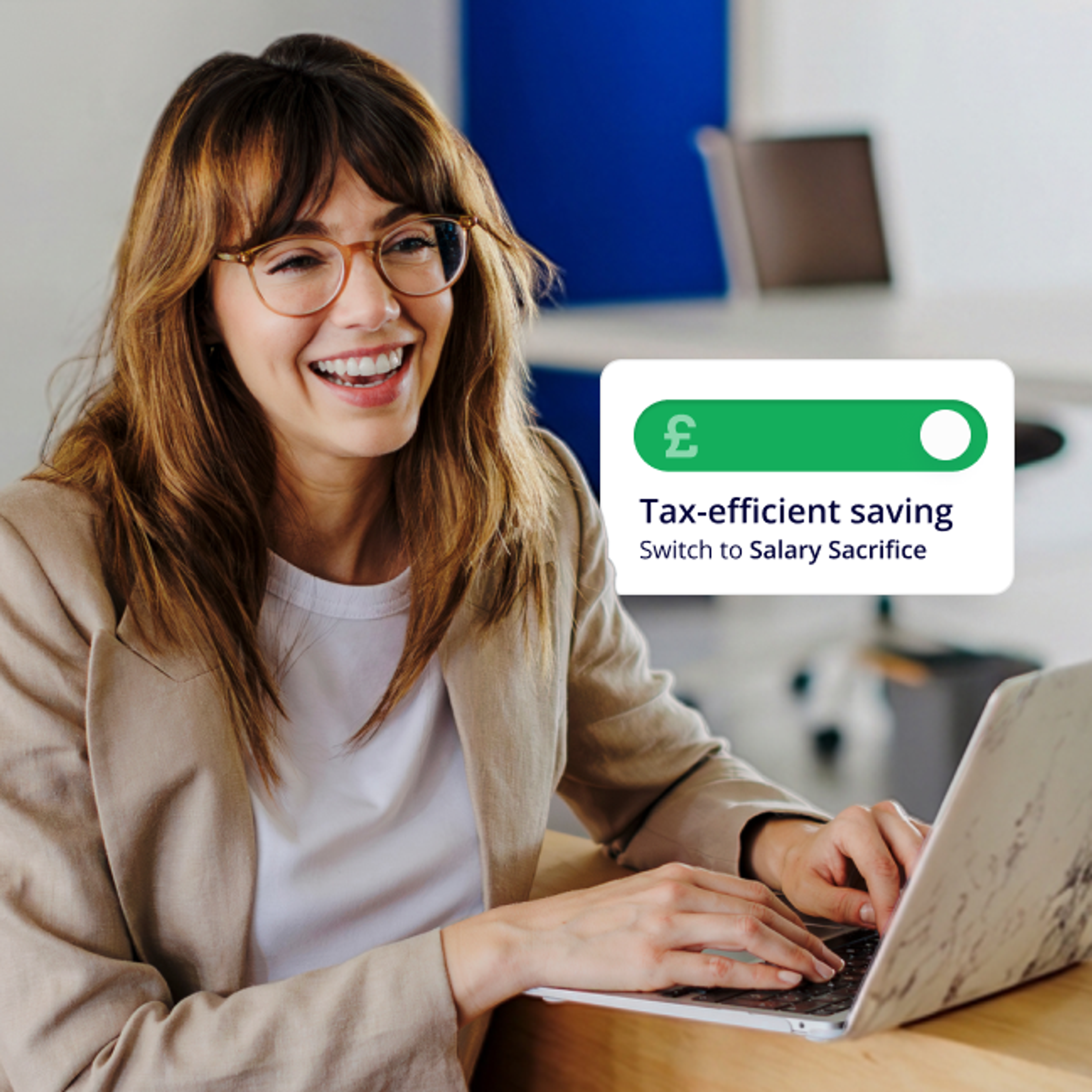 A woman wearing glasses and a blazer types on a laptop, smiling, with a graphic showing a toggle switch for tax-efficient saving through salary sacrifice.