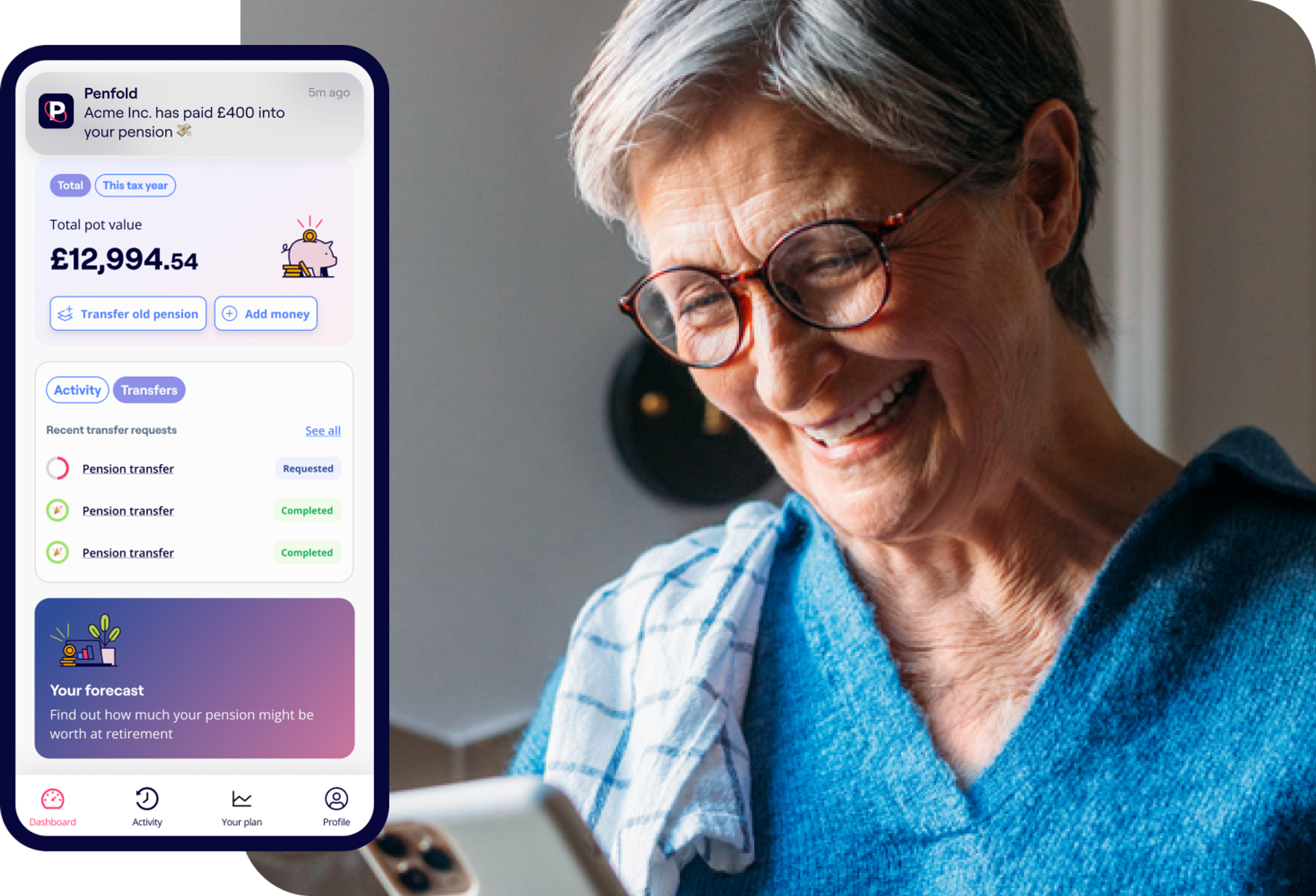 A photo of a woman looking at a tablet and excerpts of the Penfold pension app showing savings and contribution screens