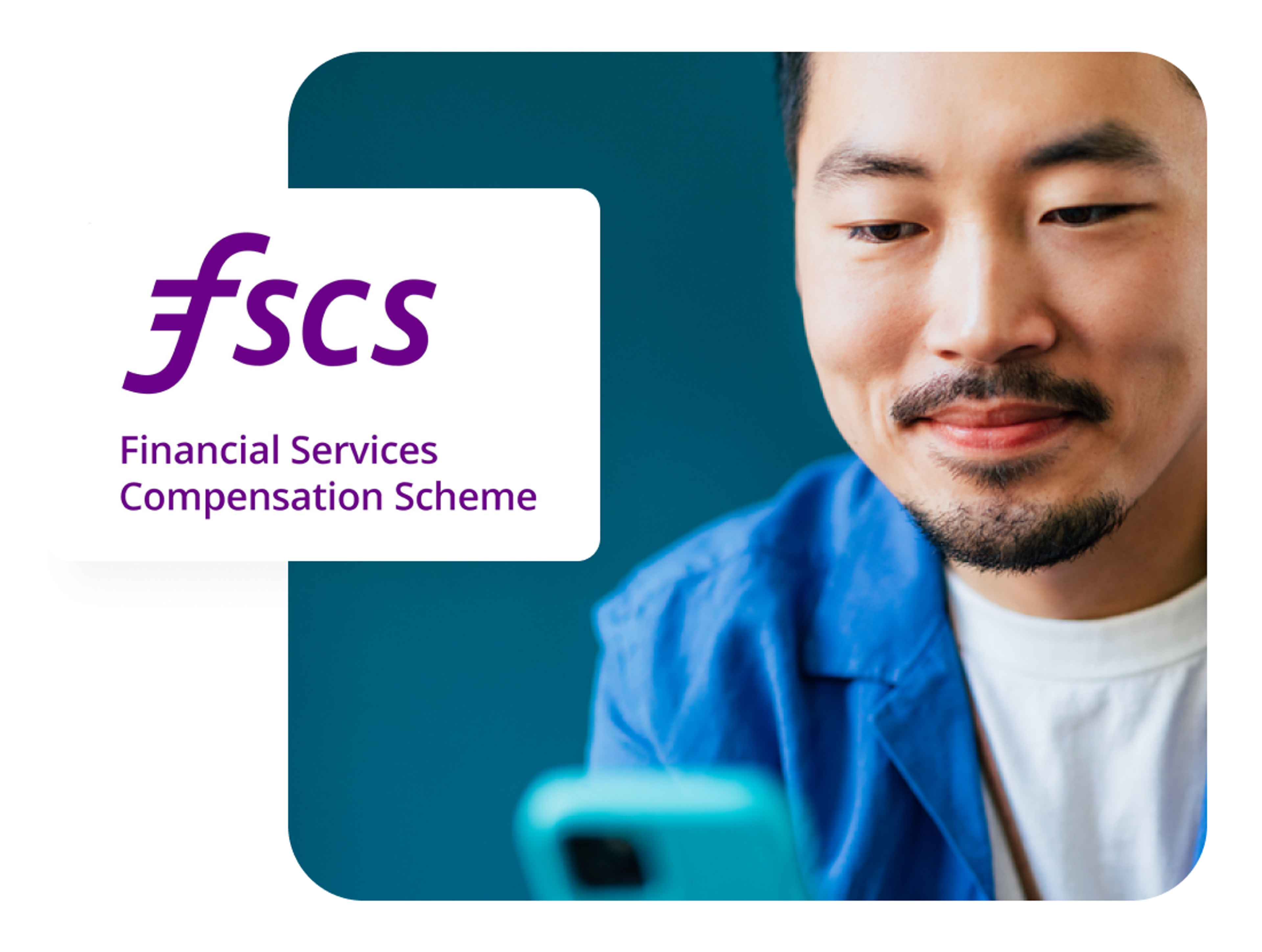 A close up photo of a man smiling while looking at a phone and the FSCS logo