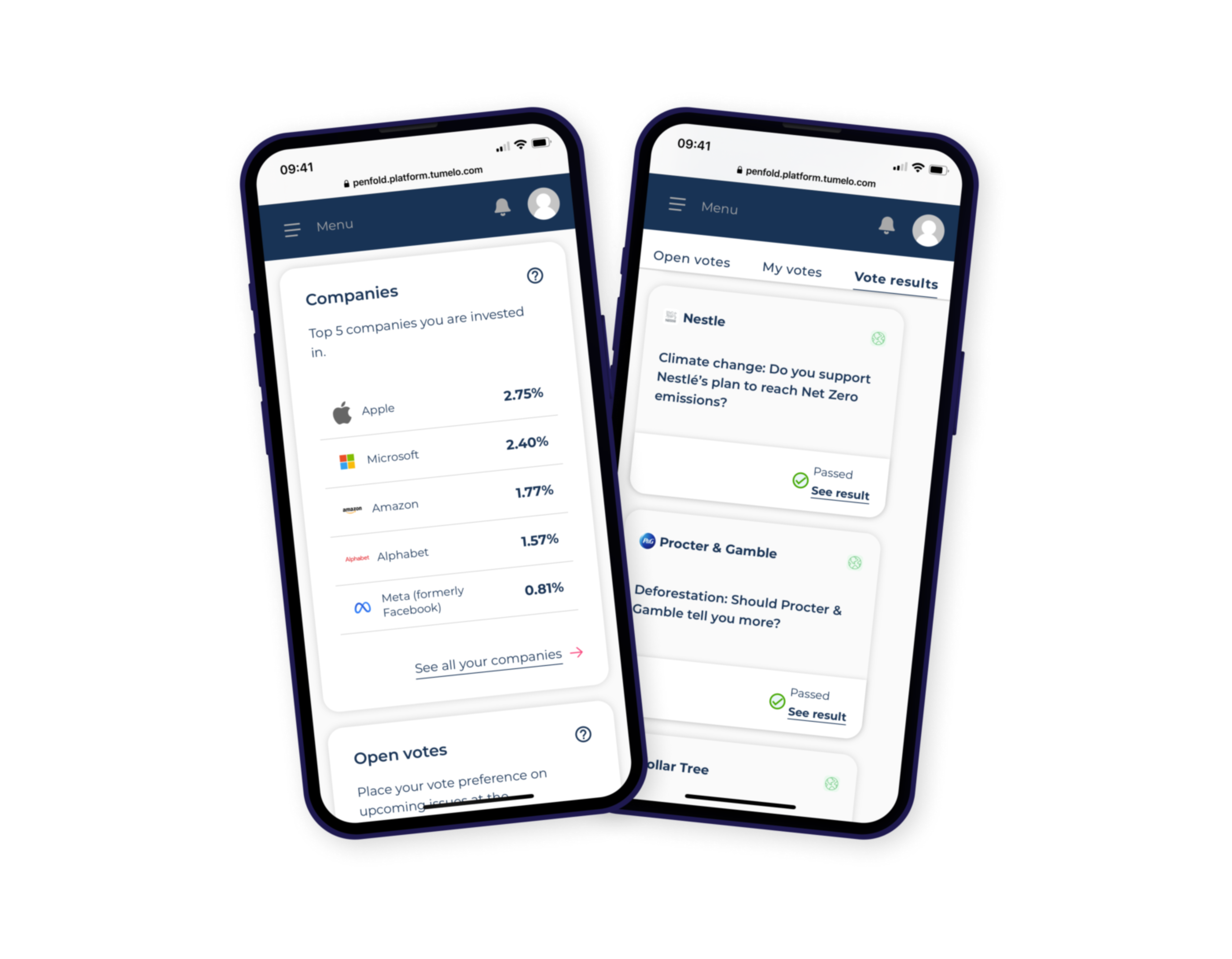 Penfold app showing where pensions are invested and company voting screens