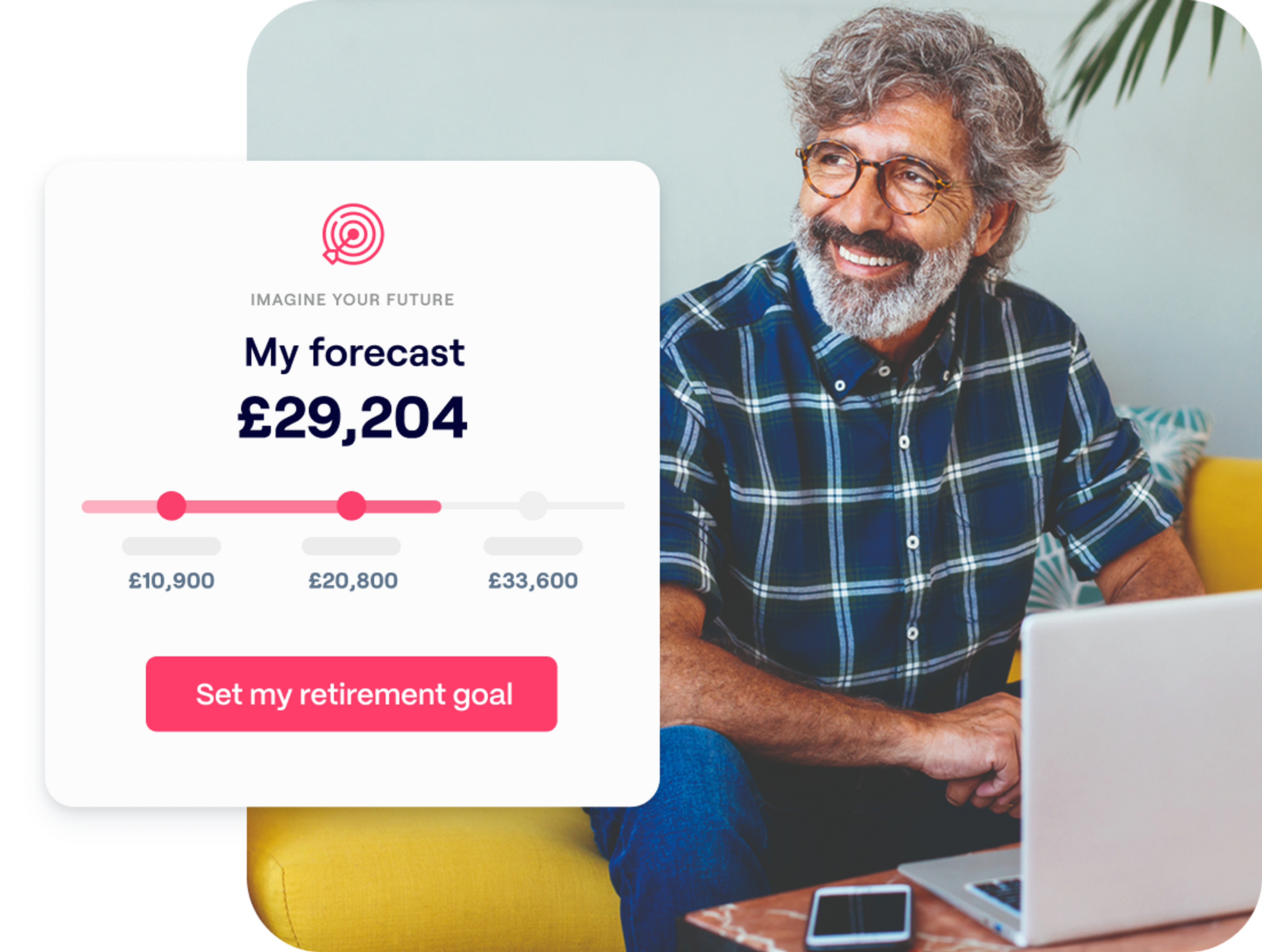 A photo of a man looking at a laptop and an excerpt of the Penfold pension app showing the My forecast retirement screen