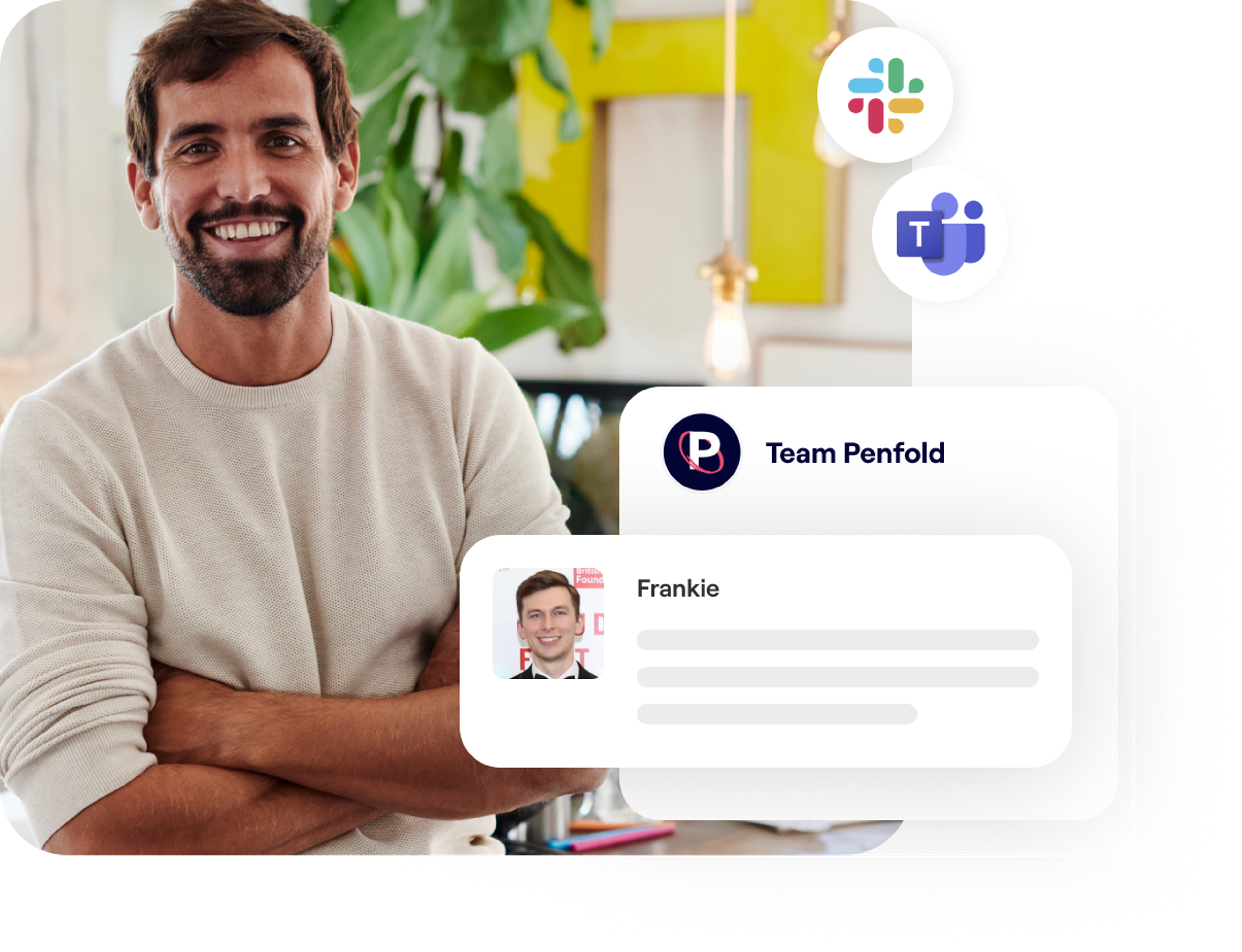 A photo of a man smiling and excerpts of Penfold support chat screens
