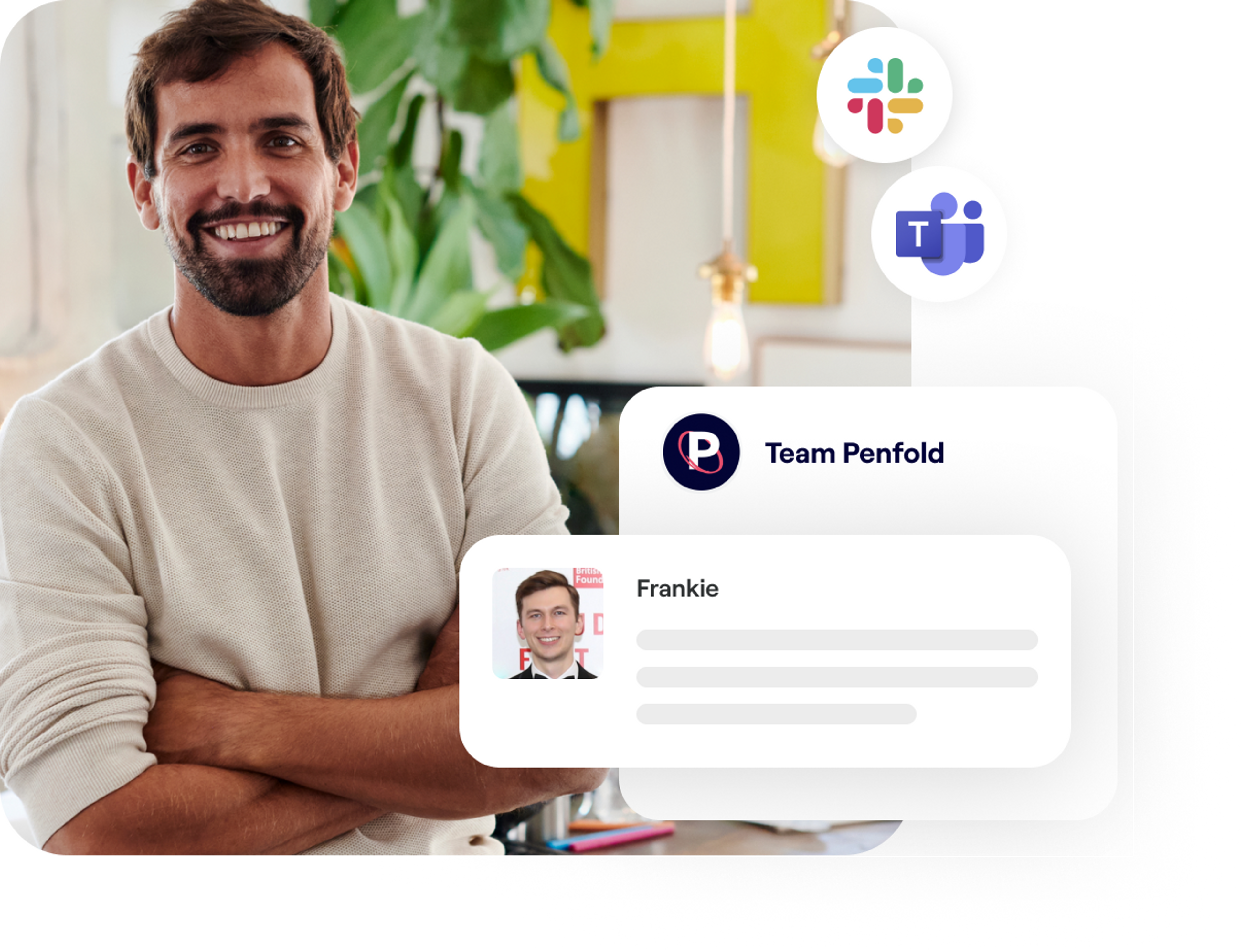 A photo of a man smiling and excerpts of Penfold support chat screens