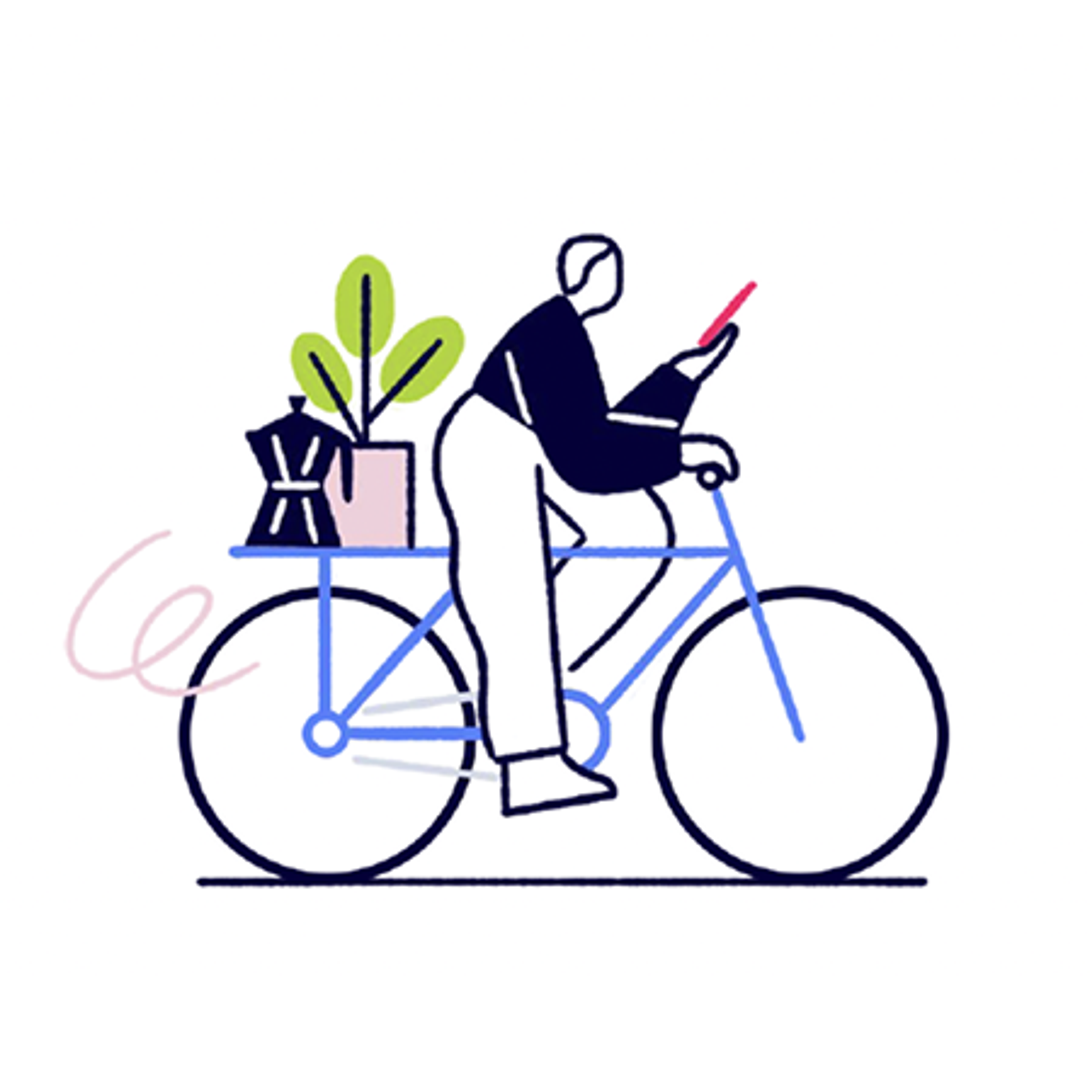 Minimalist illustration of a person riding a blue bicycle while looking at a red phone, with a coffee pot and potted plant balanced on the back rack.