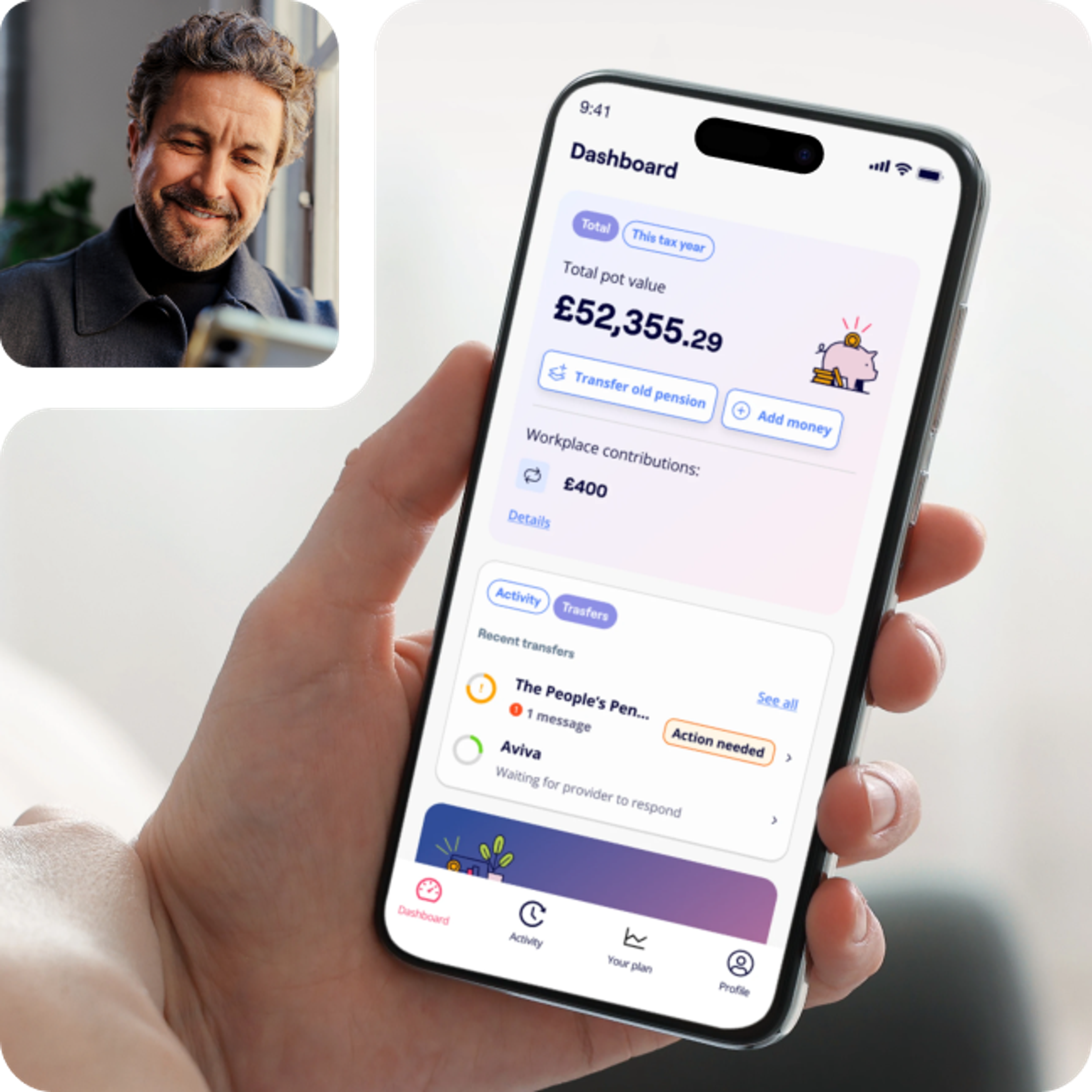 A person views a Penfold dashboard on a phone displaying a total pot value of £52,355.29 and a £400 workplace contribution. A smaller image inset shows a smiling man, implying support or interaction.
