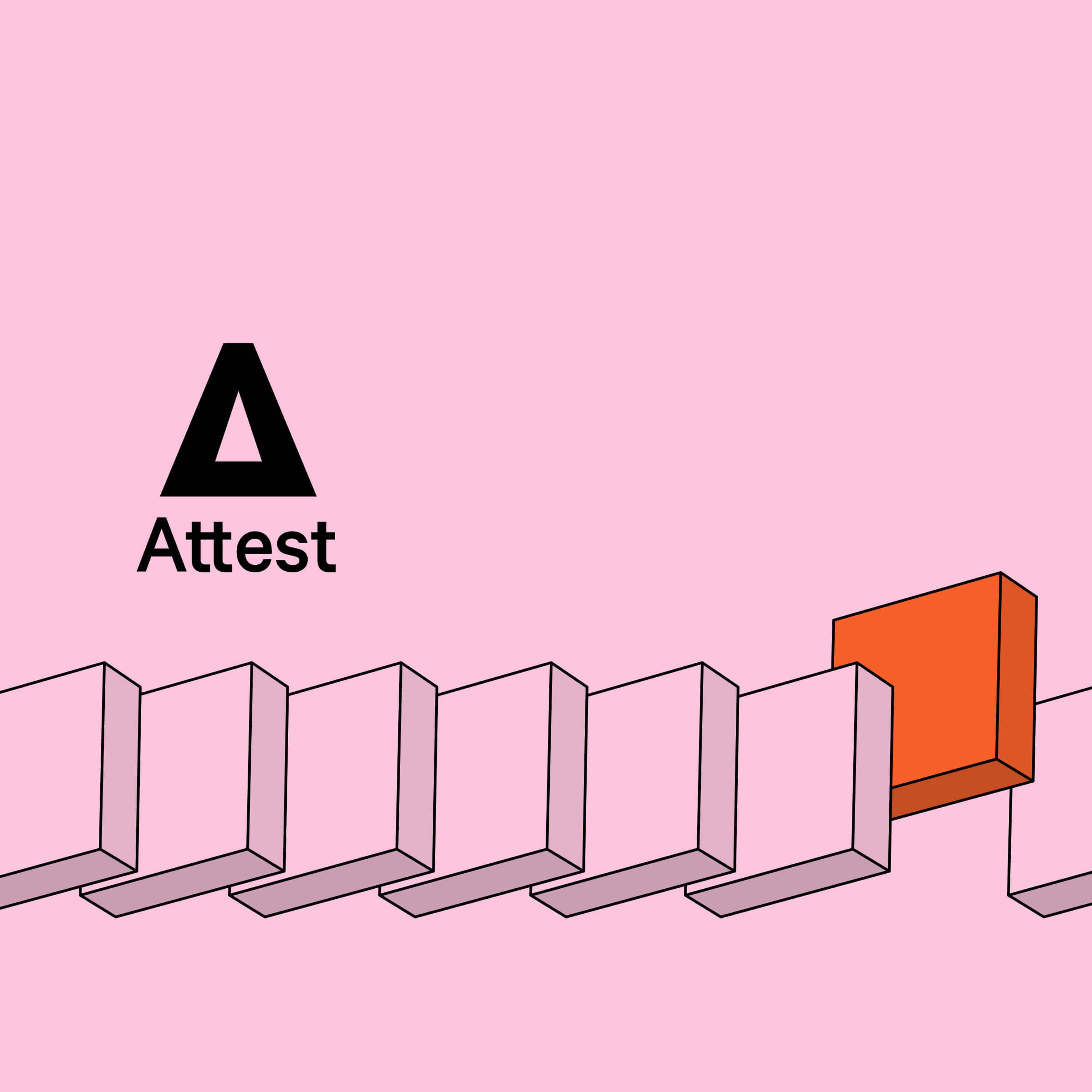 Graphic image on a pink background featuring a continuous line drawing of a series of connected, three-dimensional rectangles that resemble a fence. One rectangle is colored orange and stands out from the rest. Above the image is the black capital letter 'A' followed by the word 'Attest' in black lowercase letters, creating a logo. The overall design suggests uniqueness or standing out from the crowd.