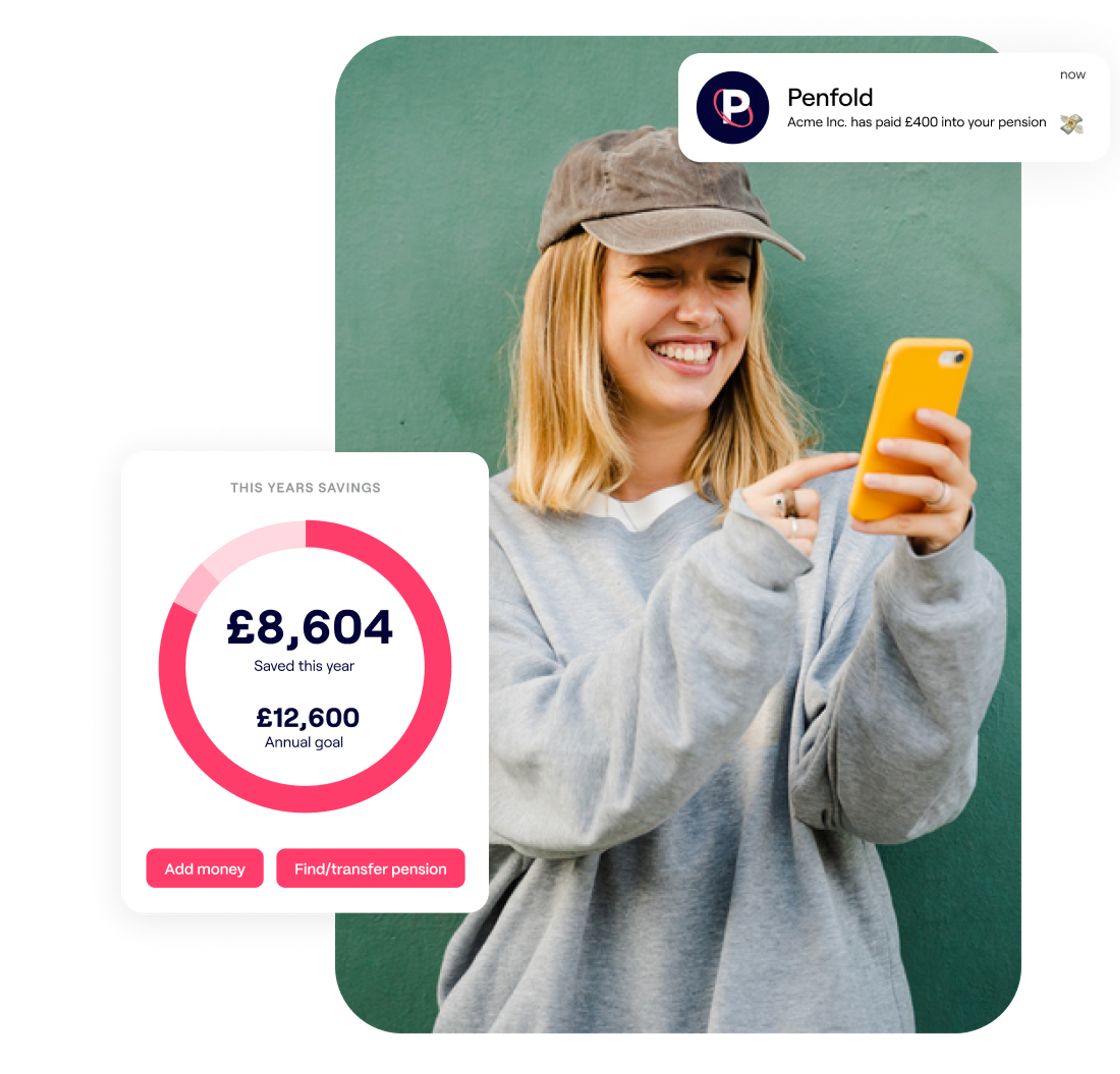 A photo of a woman smiling while looking at a phone and excerpts of Penfold's pension app showing retirement savings and contributions screens