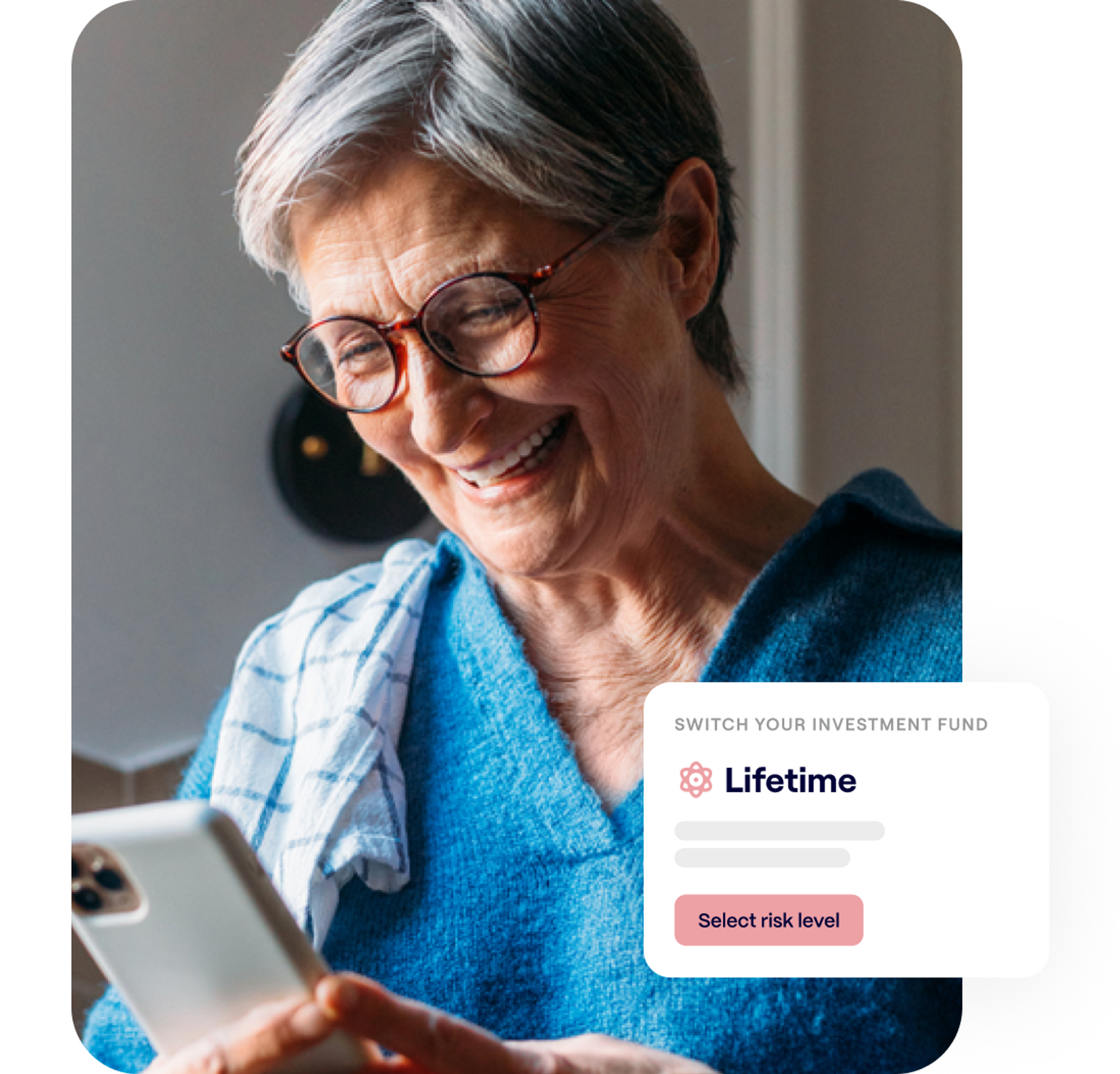 A photo of a smiling woman looking down at a phone and an excerpt of the Penfold pension app showing the lifetime investment fund screen