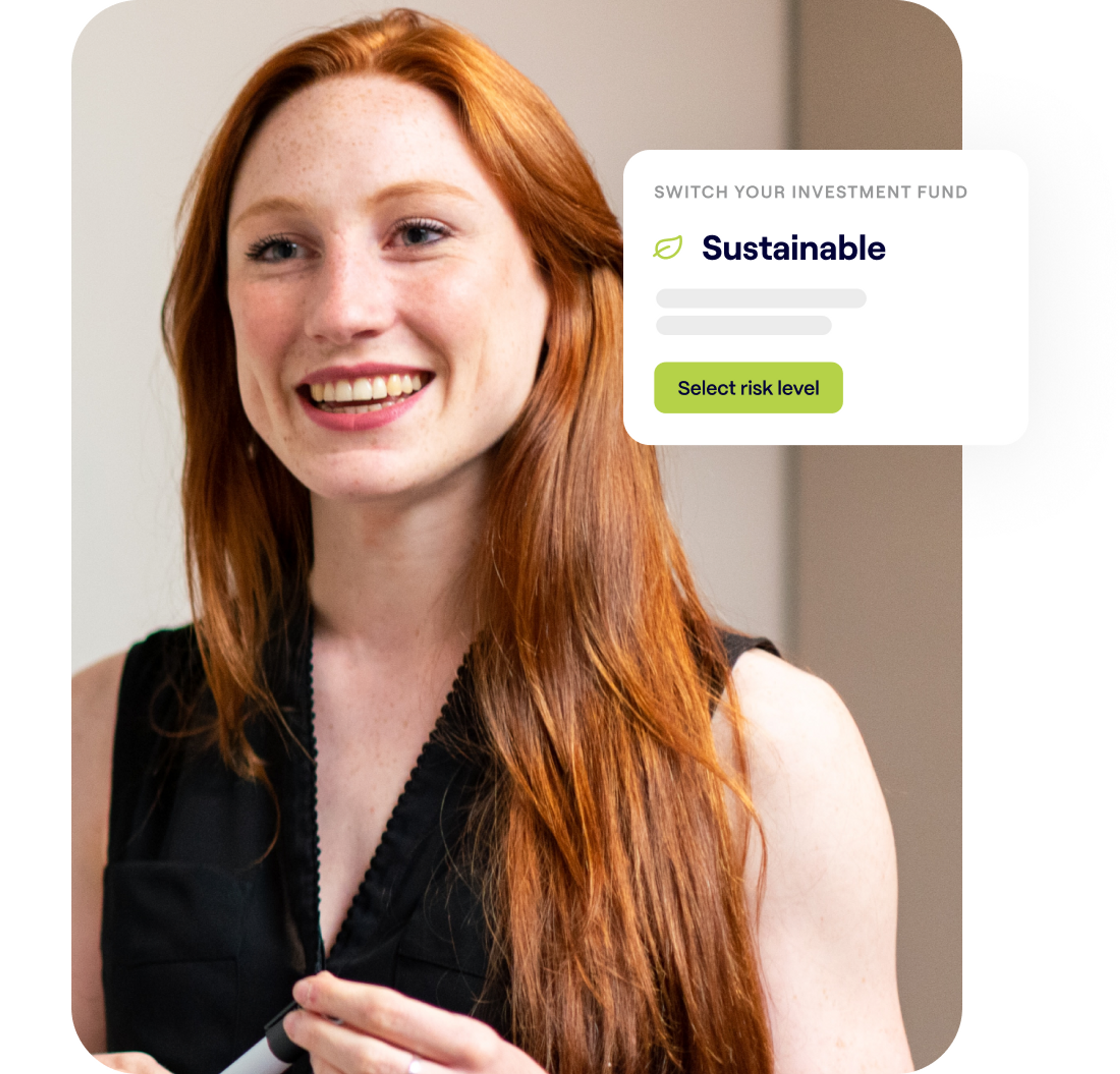 A photo of a woman smiling and an excerpt of the Penfold pension app showing the Sustainable investment fund screen