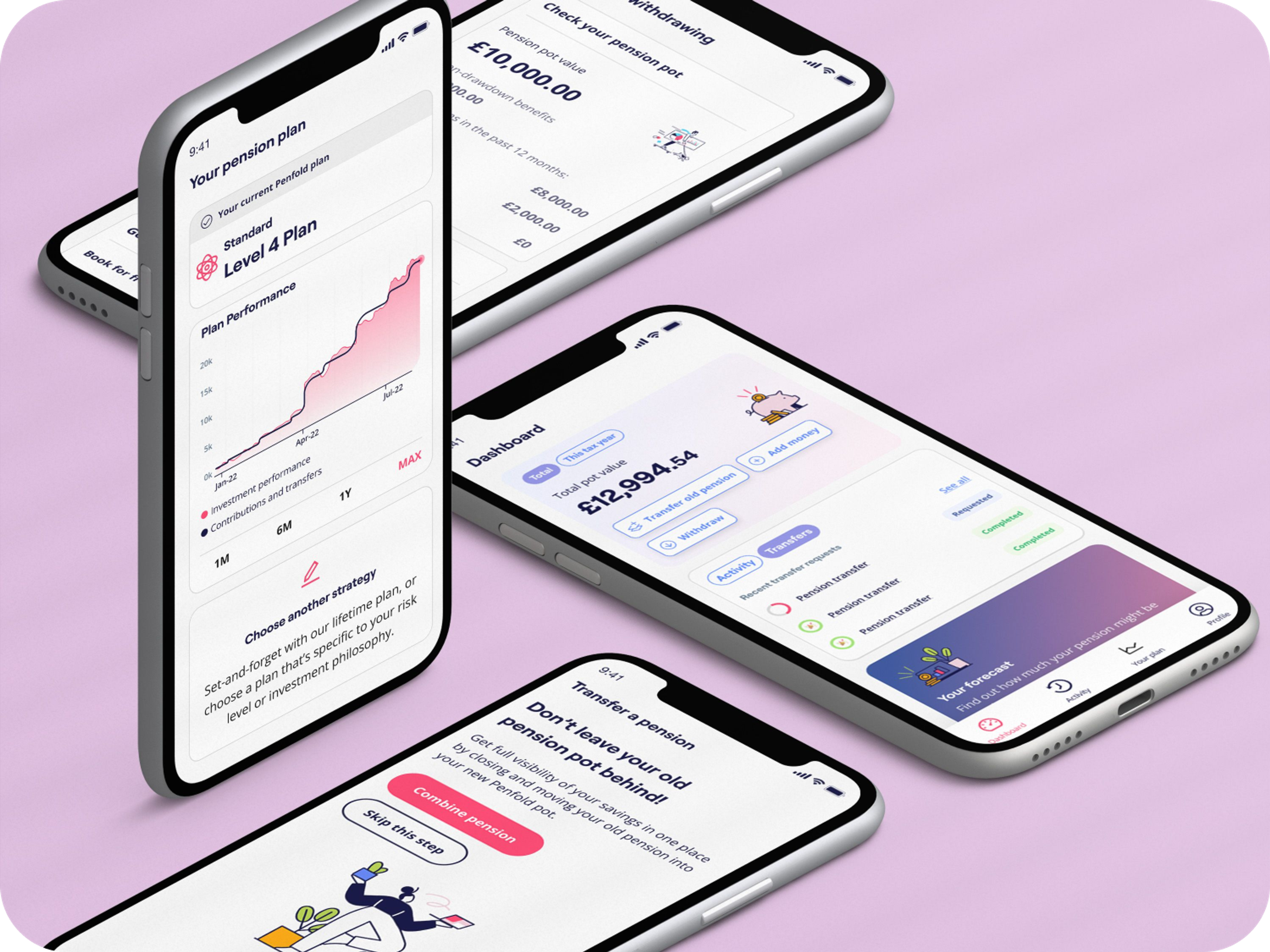 A photo of a woman smiling while looking at a phone and excerpts of Penfold's pension app showing retirement savings and contributions screens