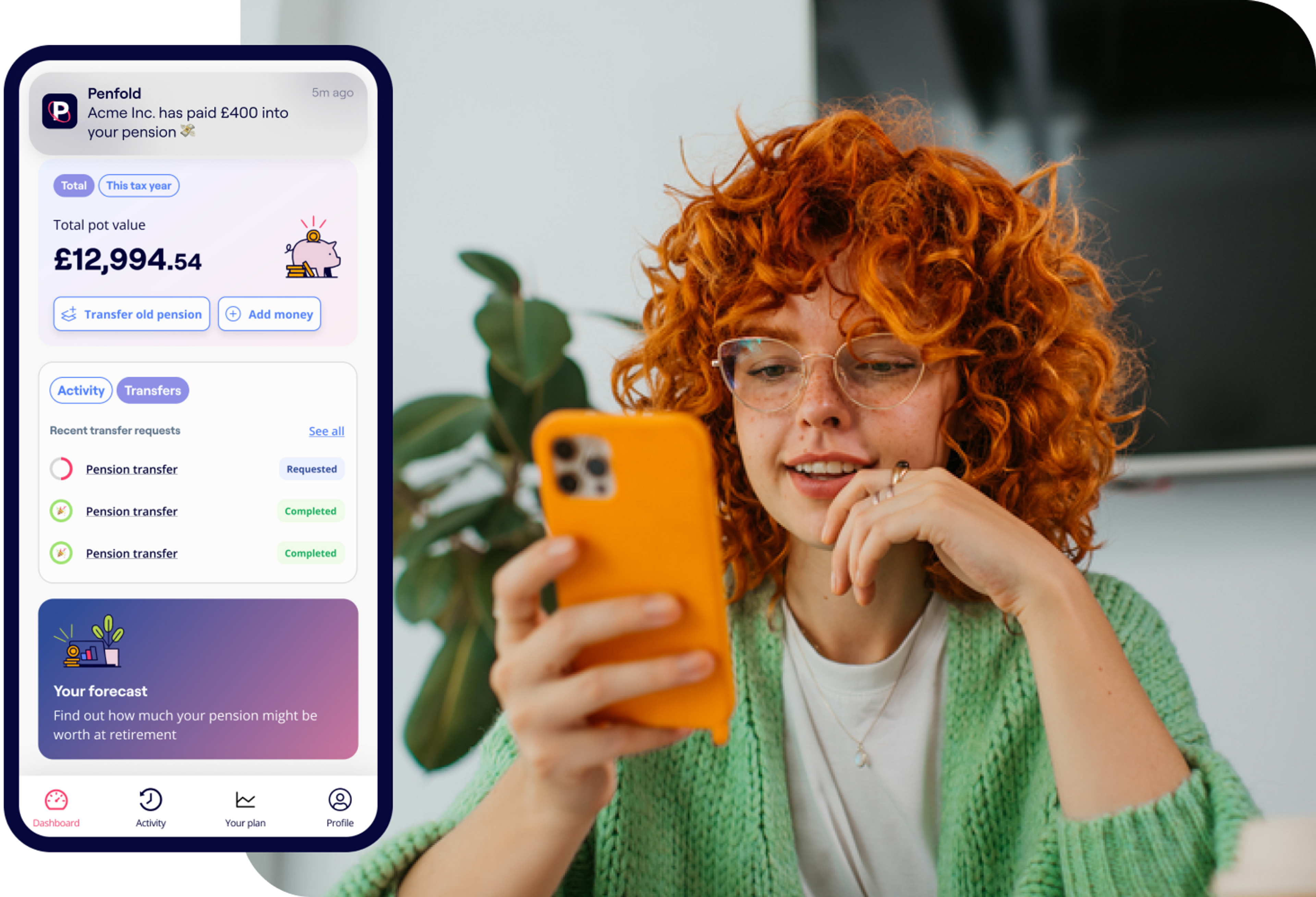 A photo of a woman looking at a phone with excerpts of the Penfold pension app savings screen