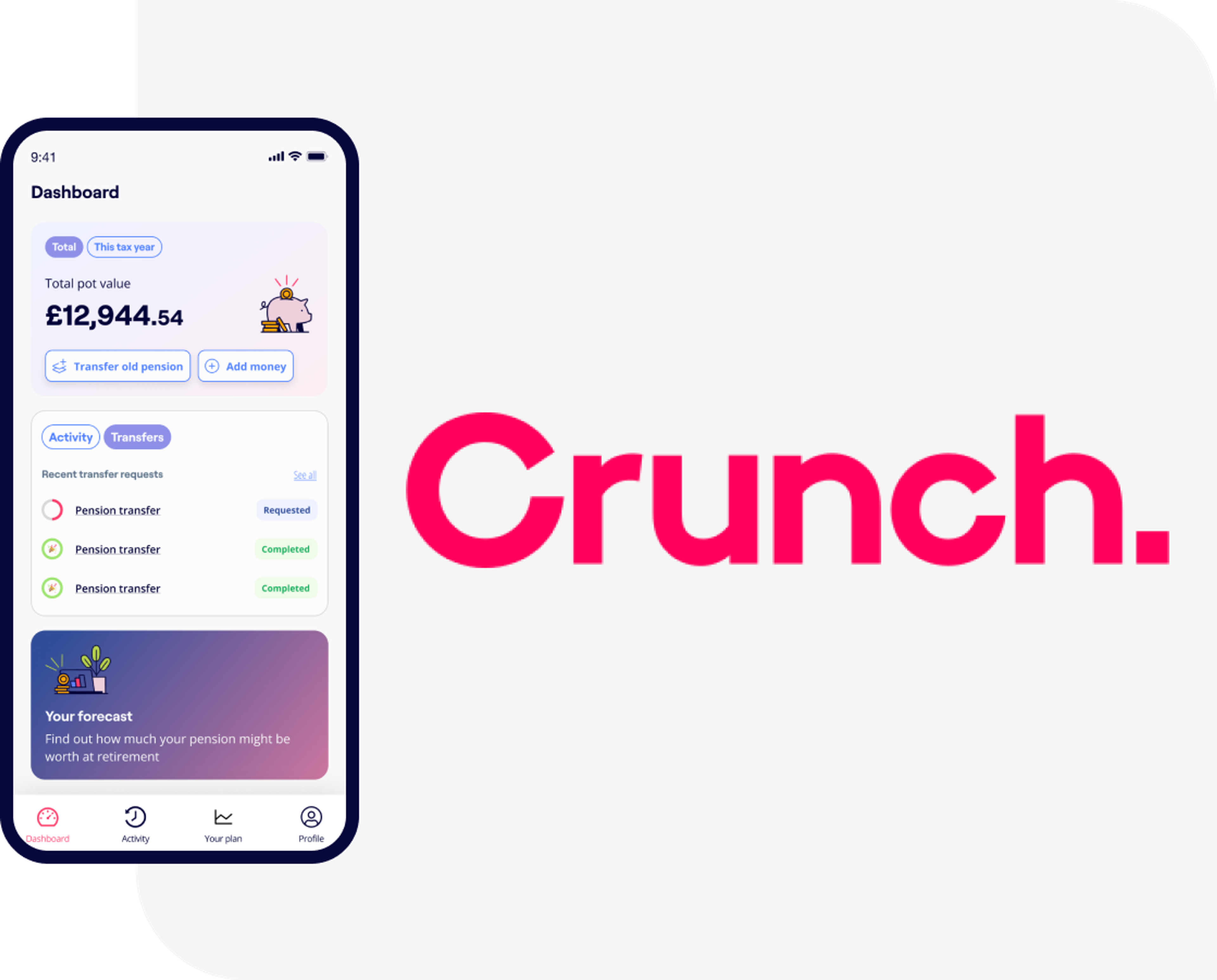 Excerpts of the Penfold pension app showing savings and contribution screens, alongside the Crunch logo