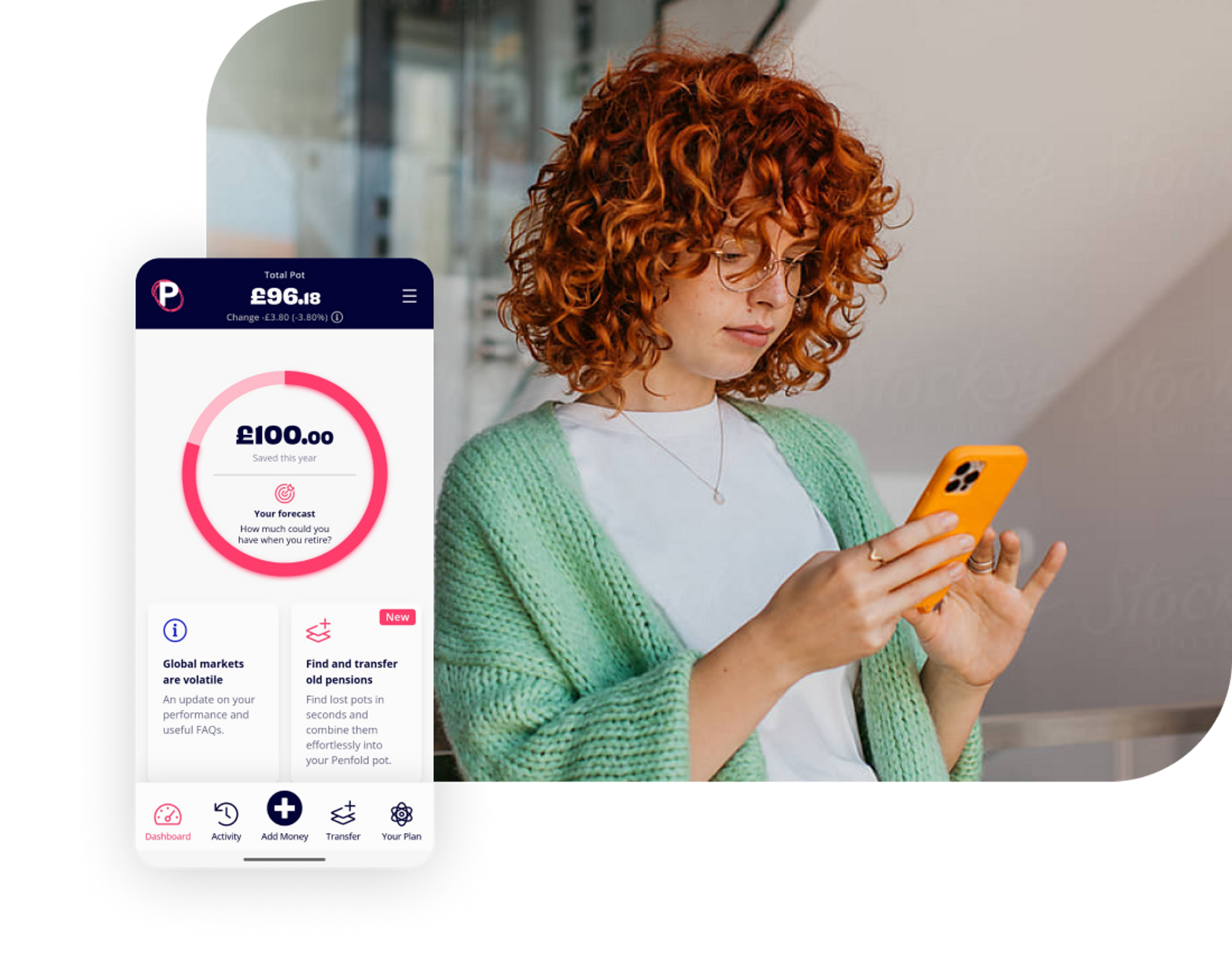 A photo of a woman smiling while looking at a phone and an excerpt of the Penfold pension app showing the dashboard screen