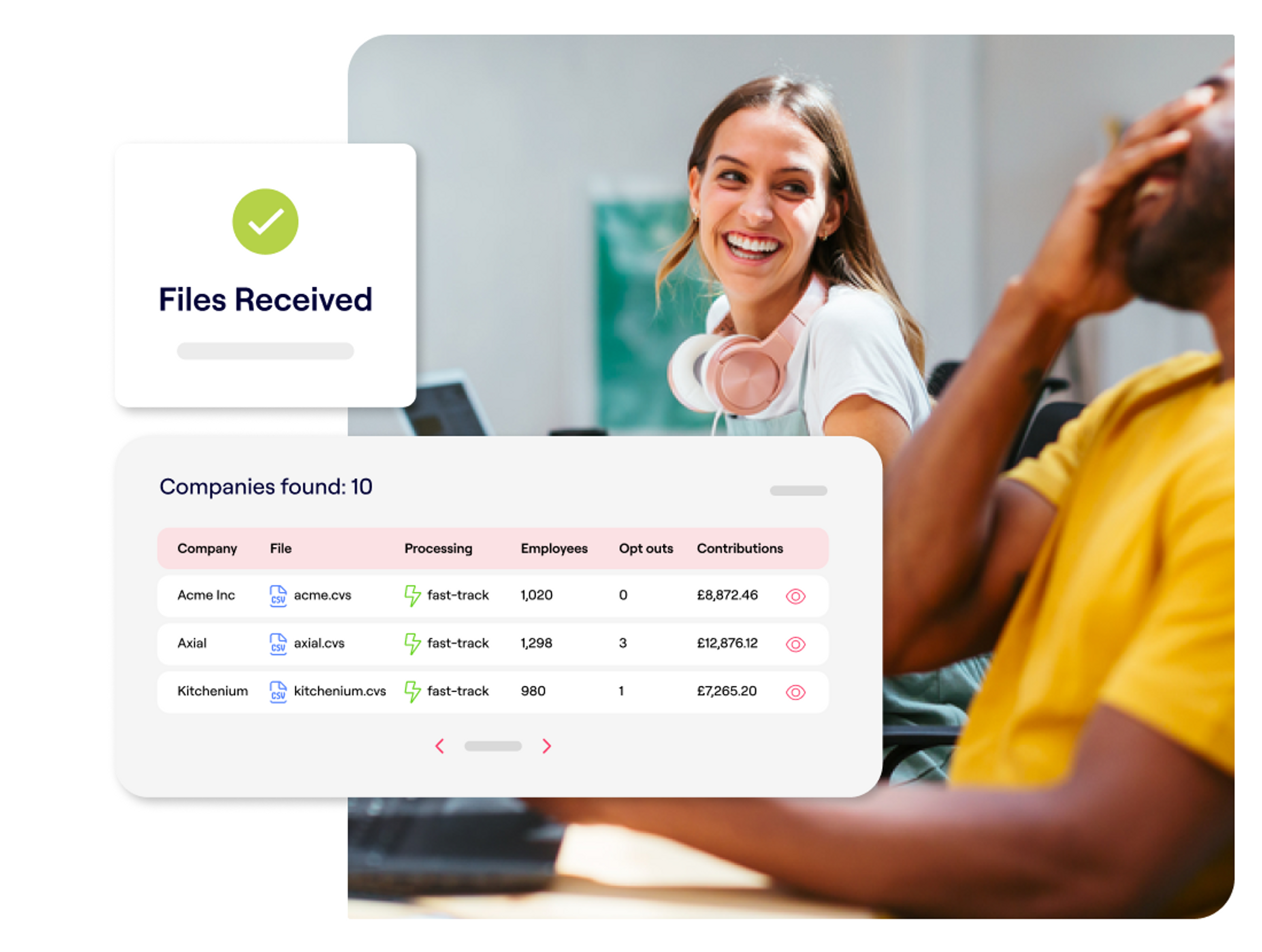 A photo of a man and woman at a desk with excerpts of the Penfold platform showing pension payroll screens