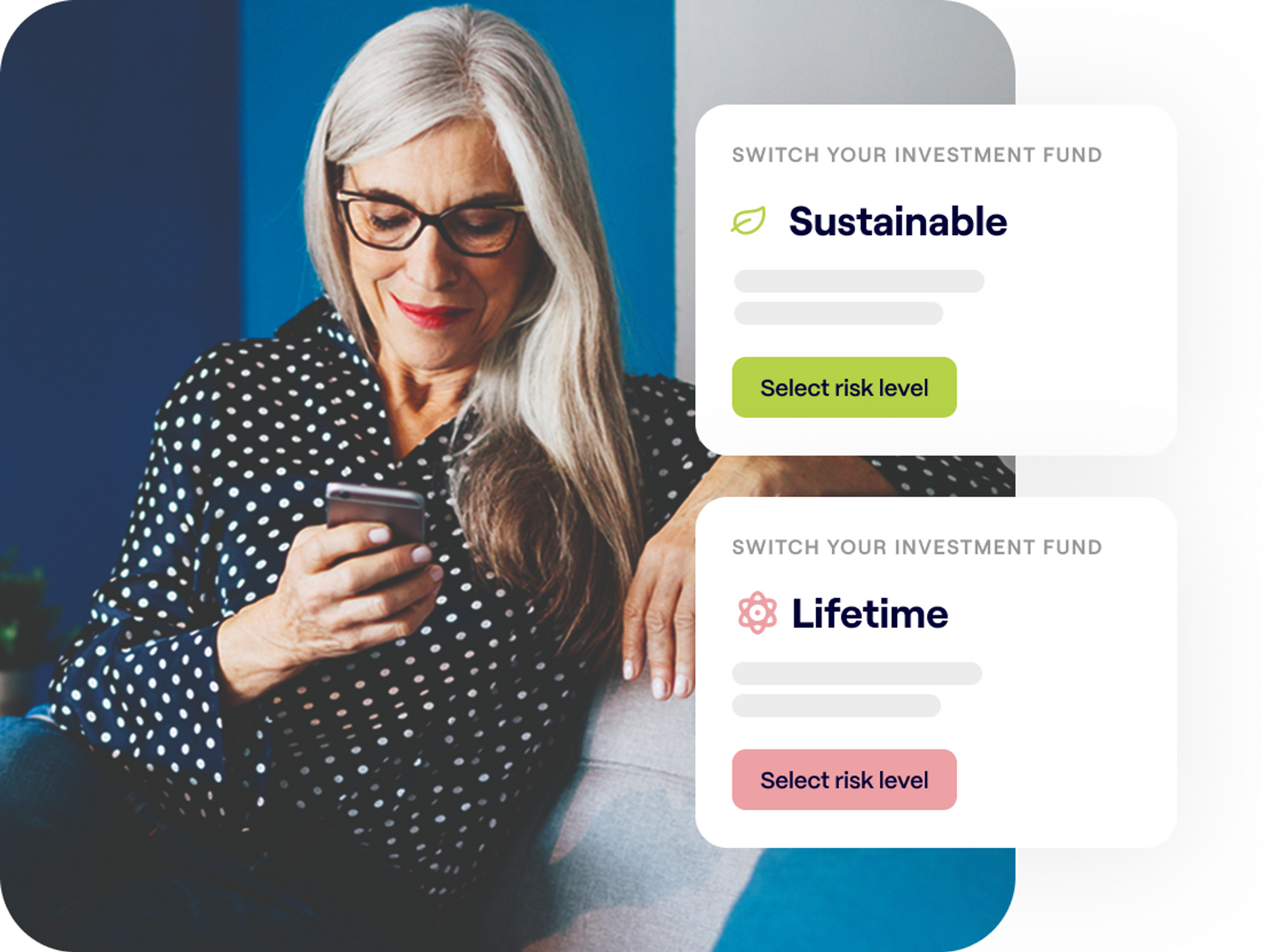 A photo of a woman looking down at a phone in her hand with overlay excerpts of the Penfold app showing 'Sustainable investment fund' and 'Lifetime investment fund'