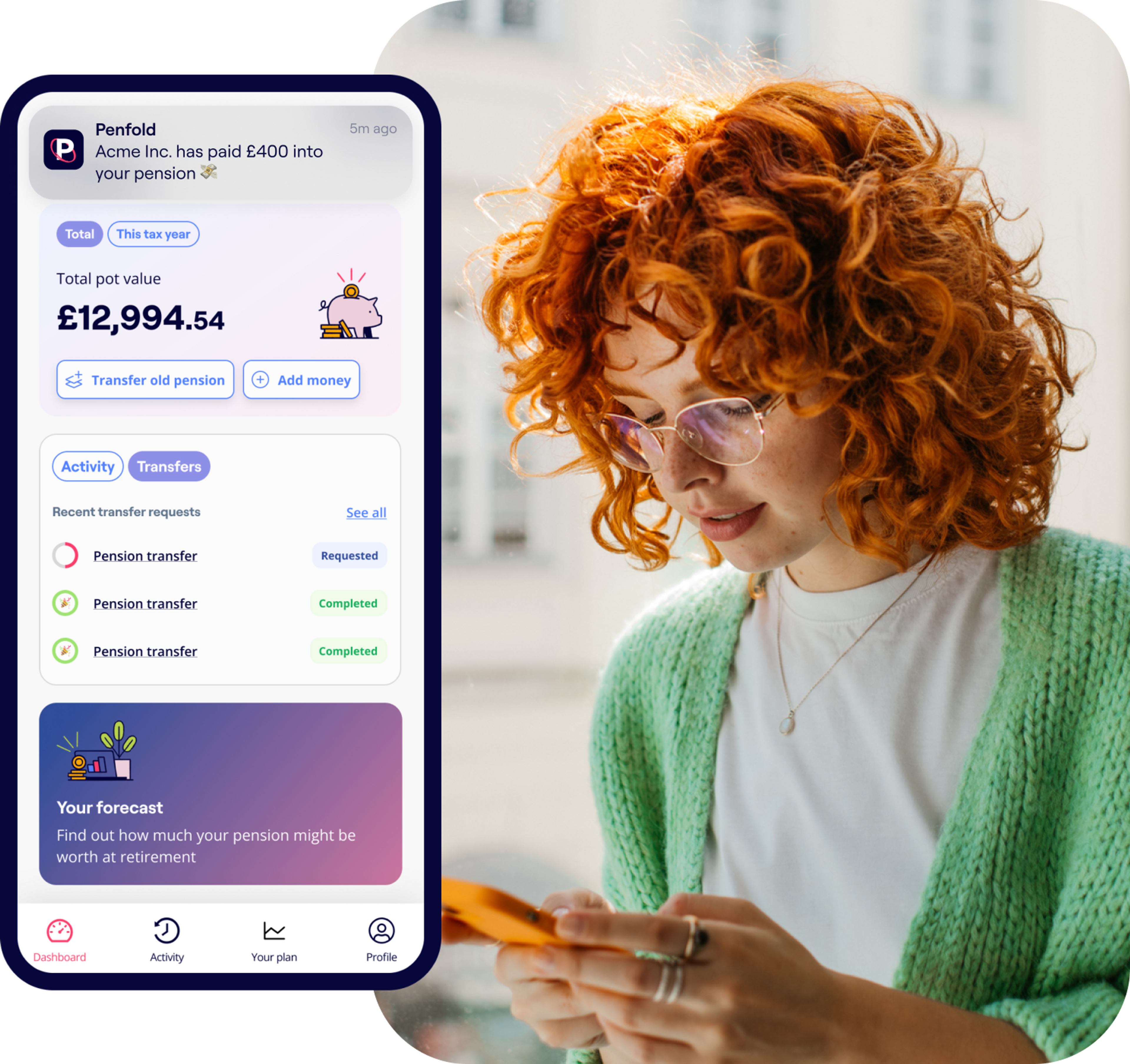A young woman with curly red hair and glasses, wearing a mint green cardigan and white top, is looking at her mobile phone. Overlaid on the image are three mobile notifications from 'Penfold', detailing pension transactions and information. The first notification shows a payment of £400 from Acme Inc. into the pension. The second displays a total pension pot value of £12,994.54 with options to transfer old pensions or add money. The third offers a pension forecast service.
