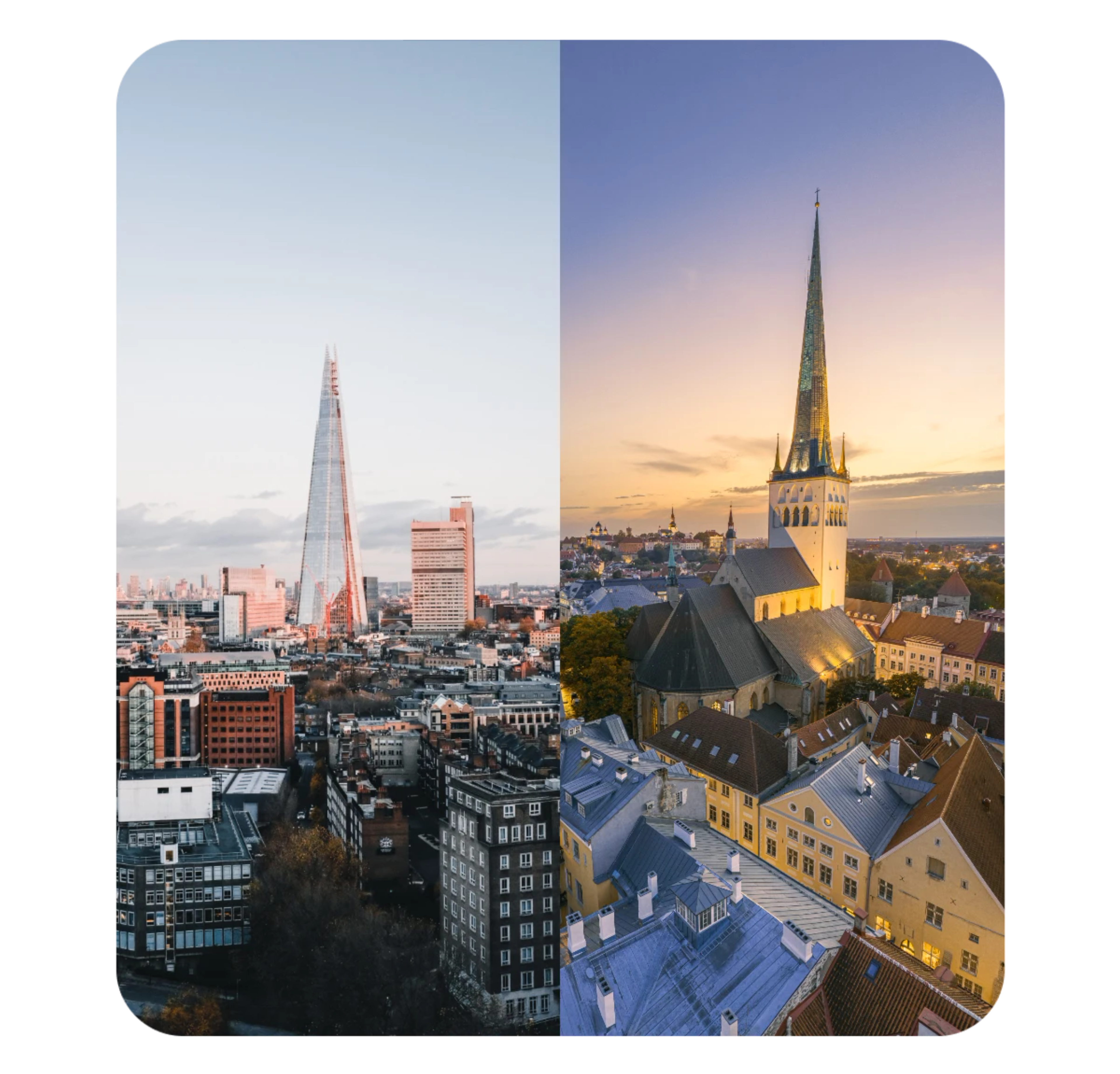 A split image contrasting two cityscapes during twilight. On the left, London with the Shard skyscraper dominating the skyline, amidst a cluster of buildings. On the right, Tallinn with traditional architecture, featuring a tall, slender spire of a Gothic church rising above historic, colourful buildings. Both sides capture the cities' unique character as daylight fades.
