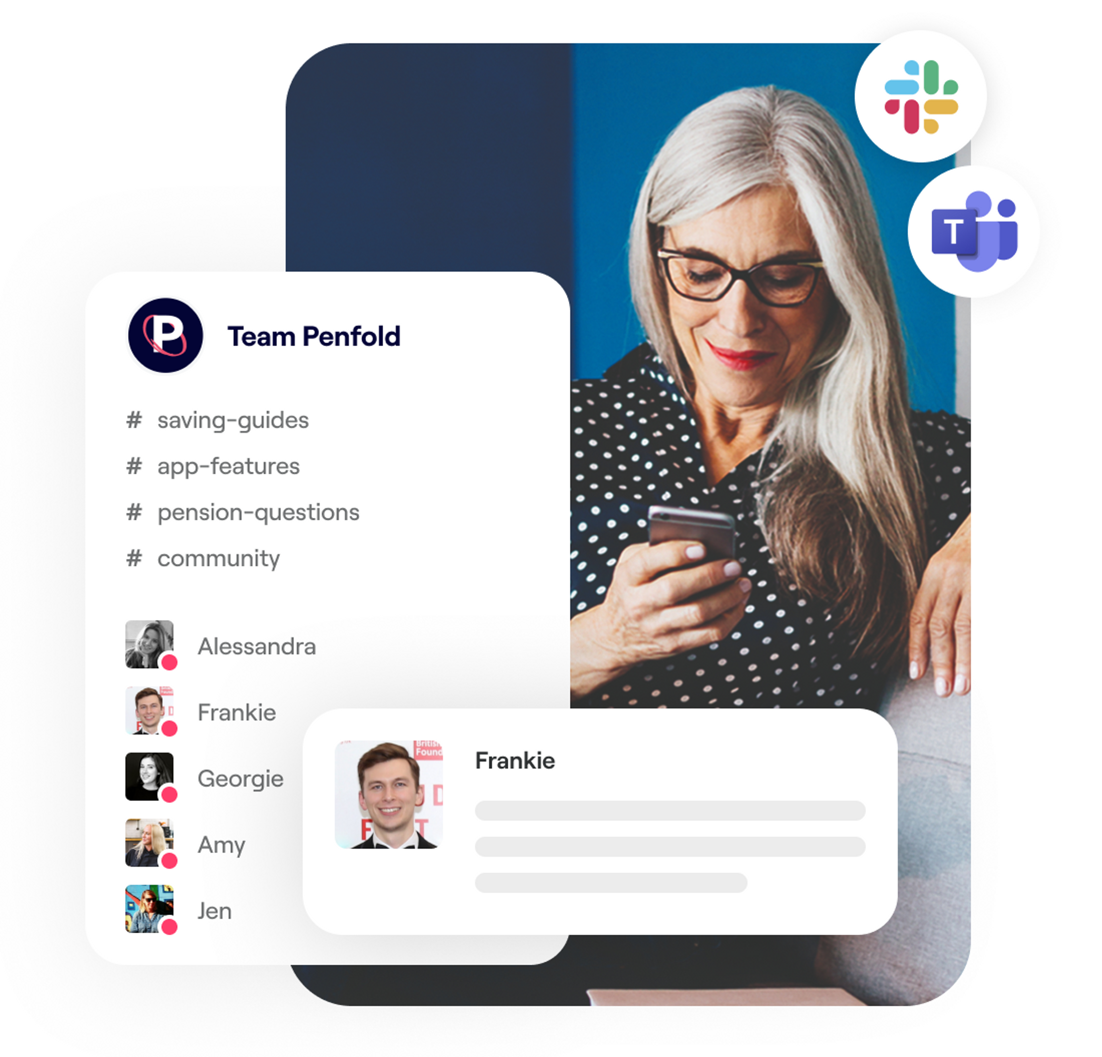 A photo of a woman smiling while looking at a phone and excerpt screens of Penfold integrating with work chat systems