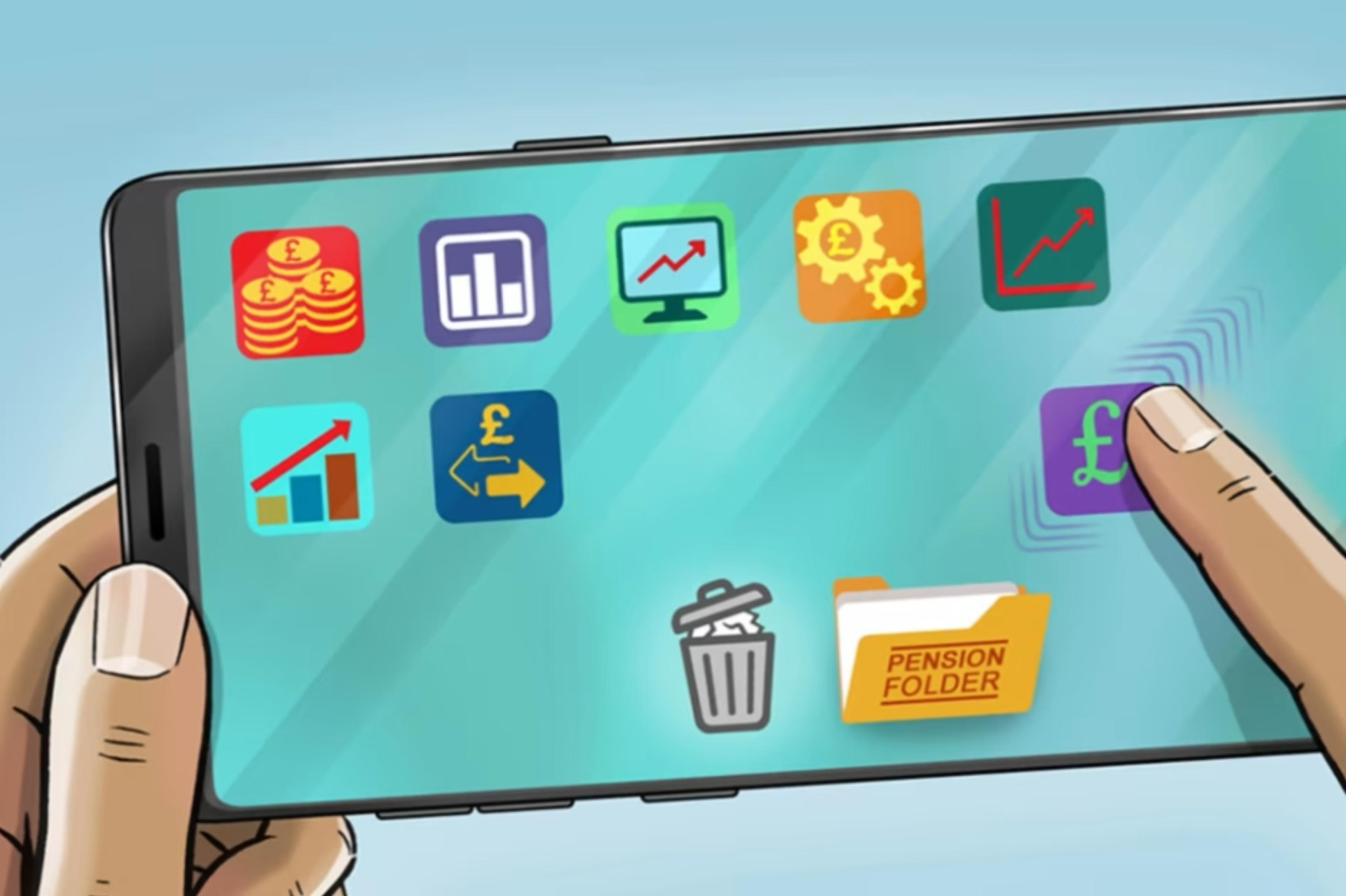 A cartoon of a mobile phone and a pension app icon