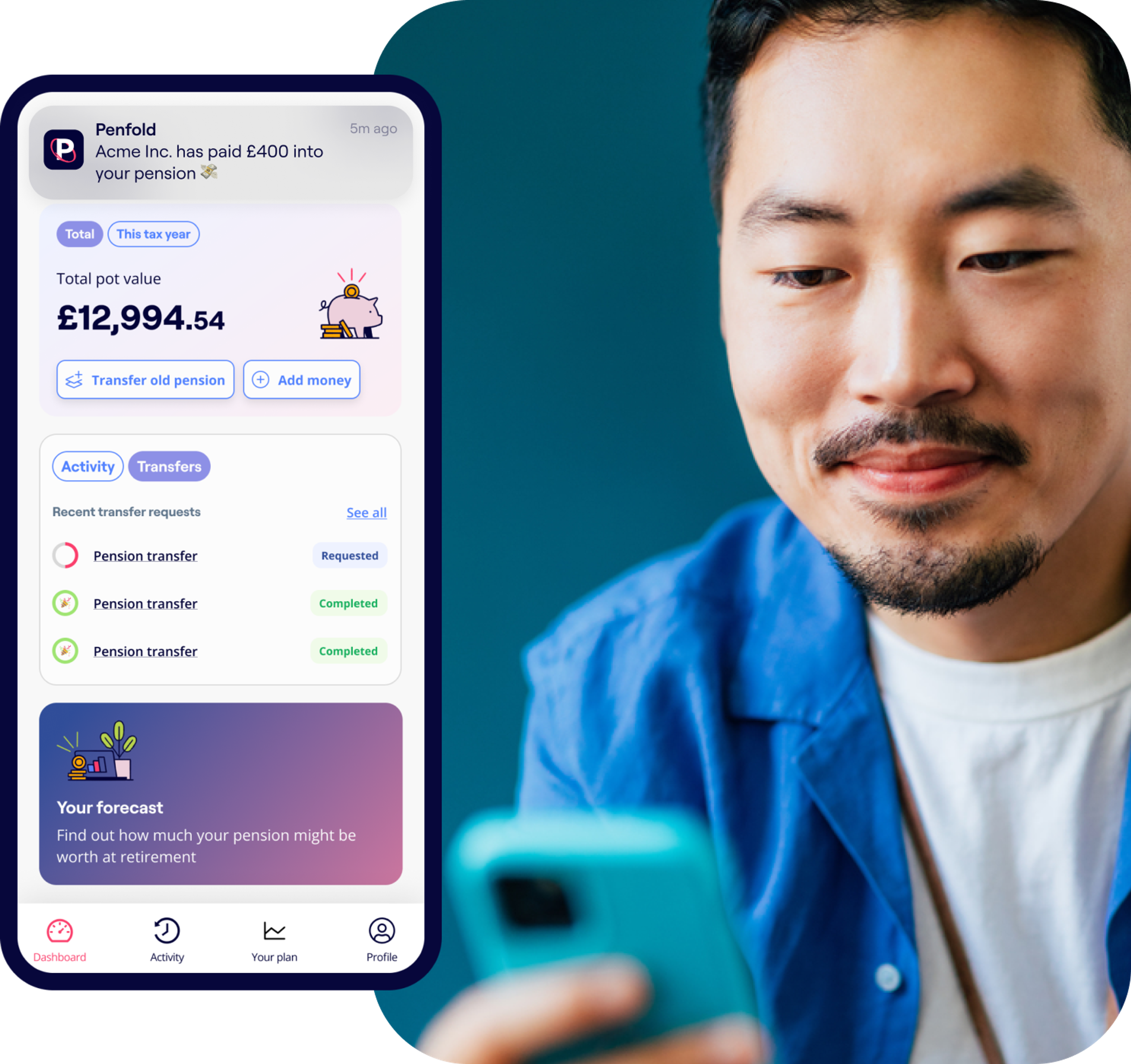 A photo of a woman smiling while looking at a phone and excerpts of Penfold's pension app showing retirement savings and contributions screens