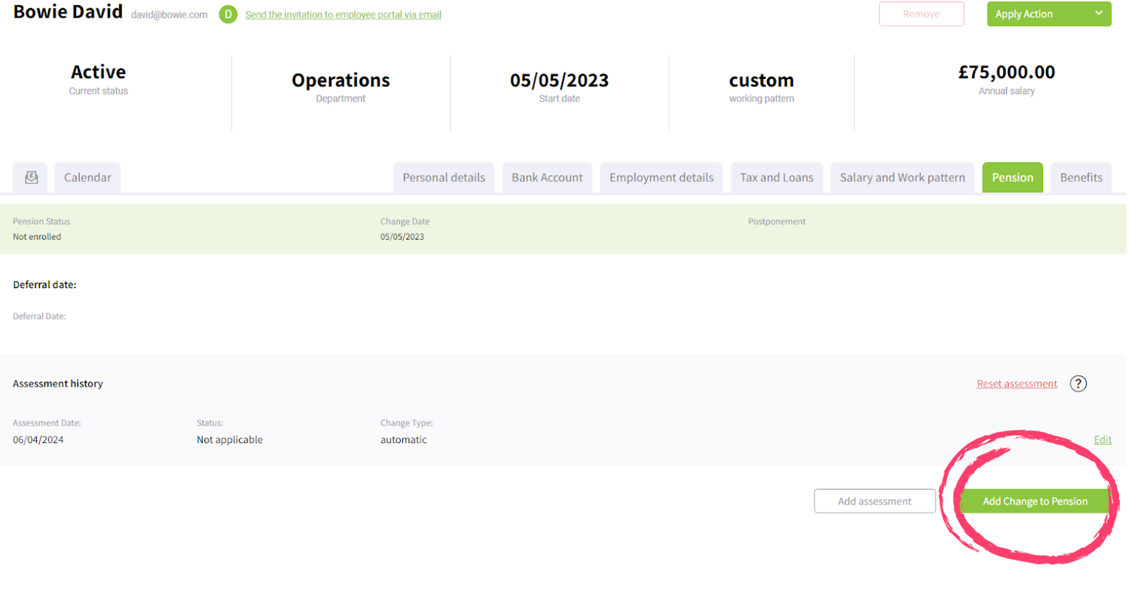 FreshPay platform view to change a pension for an existing employee