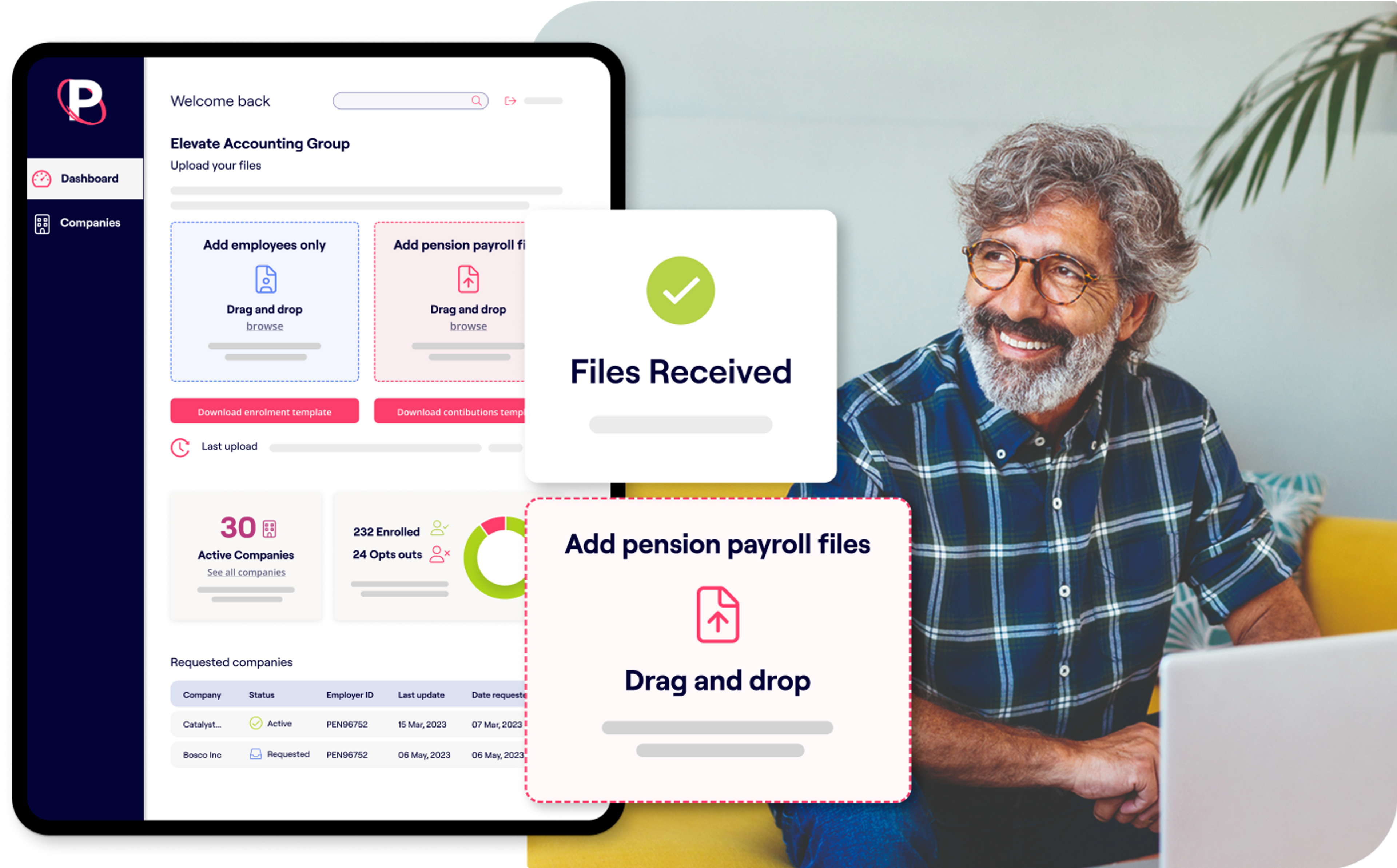 A photo of two finance team members sat at a desk and excerpts of the Penfold pension app showing Sustainable investment fund screens